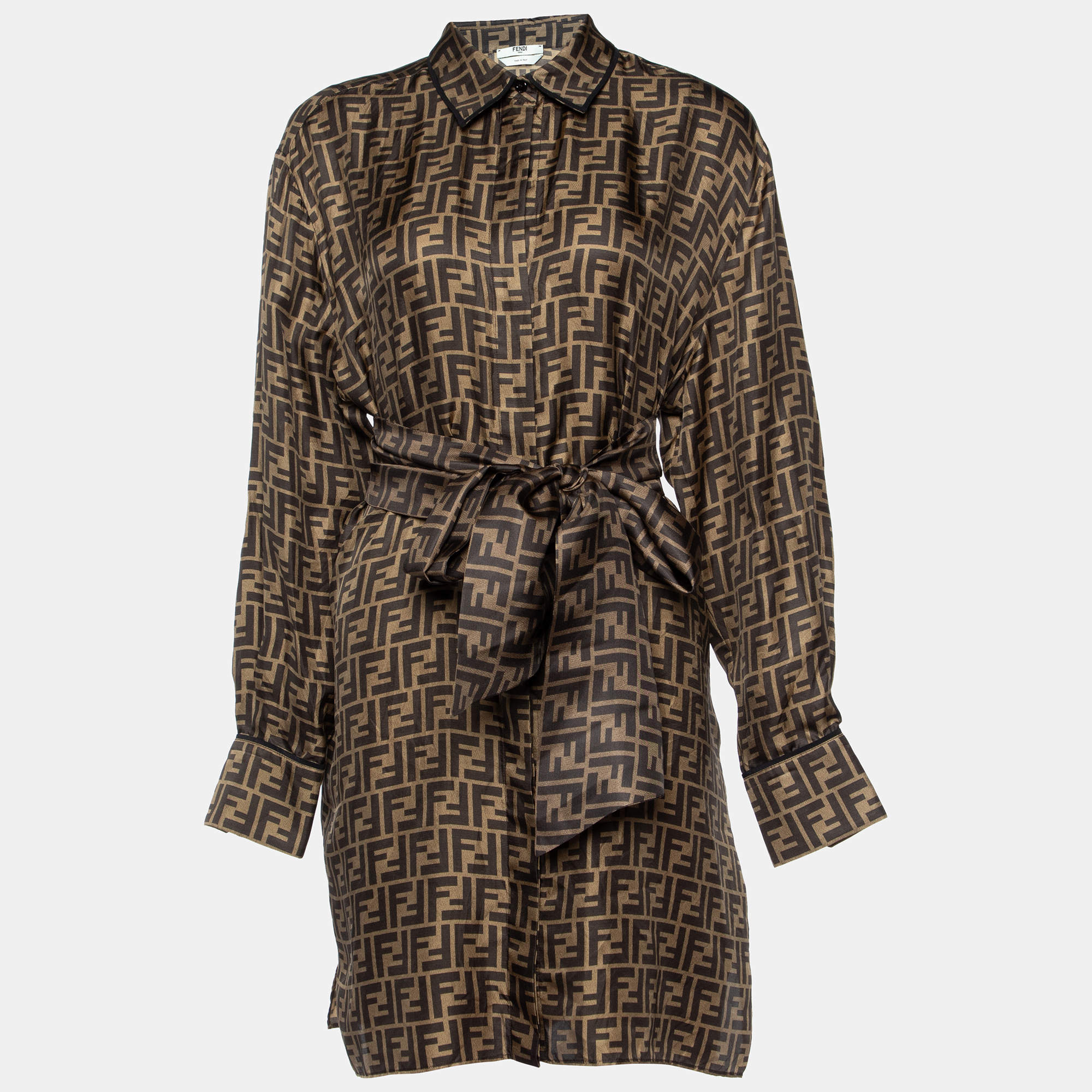 Pre Owned Fendi Brown FF Print Silk Belted Button Front Shirt Dress M