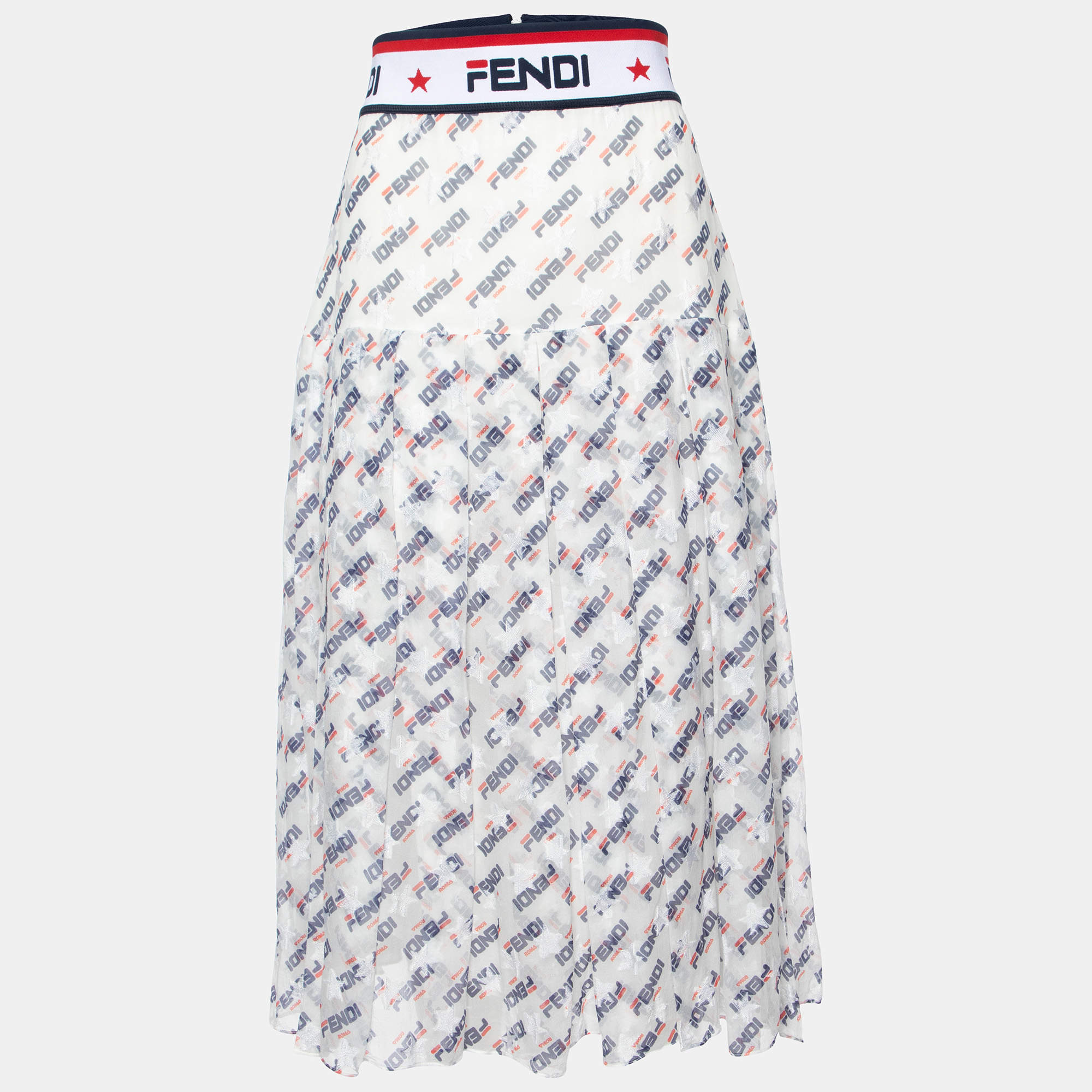 Pre Owned Fendi X Fila White Fendimania Print Silk Pleated Midi Skirt M