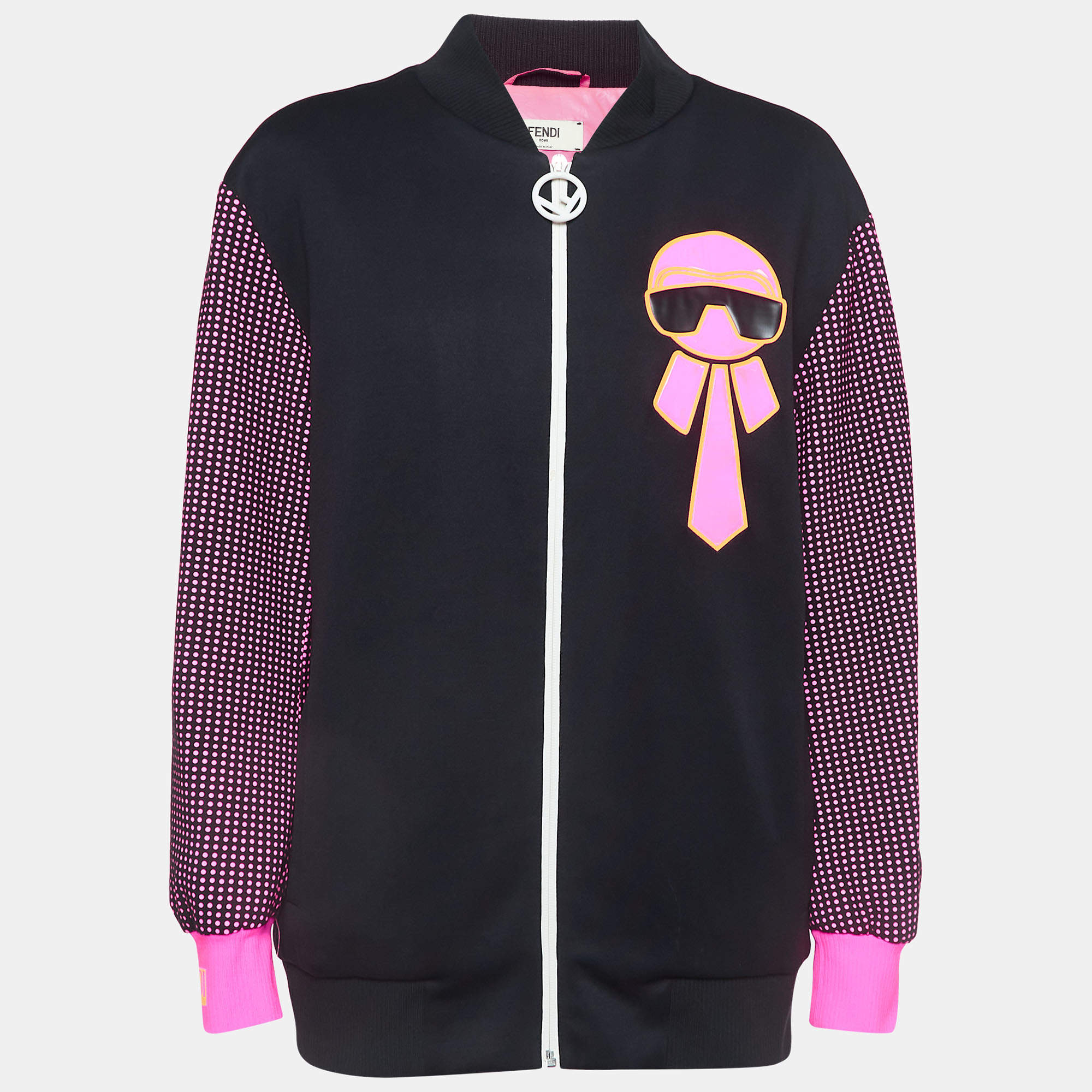 Fendi Neon Pink/Black Polka Dots Synthetic Applique Detail Bomber Jacket M