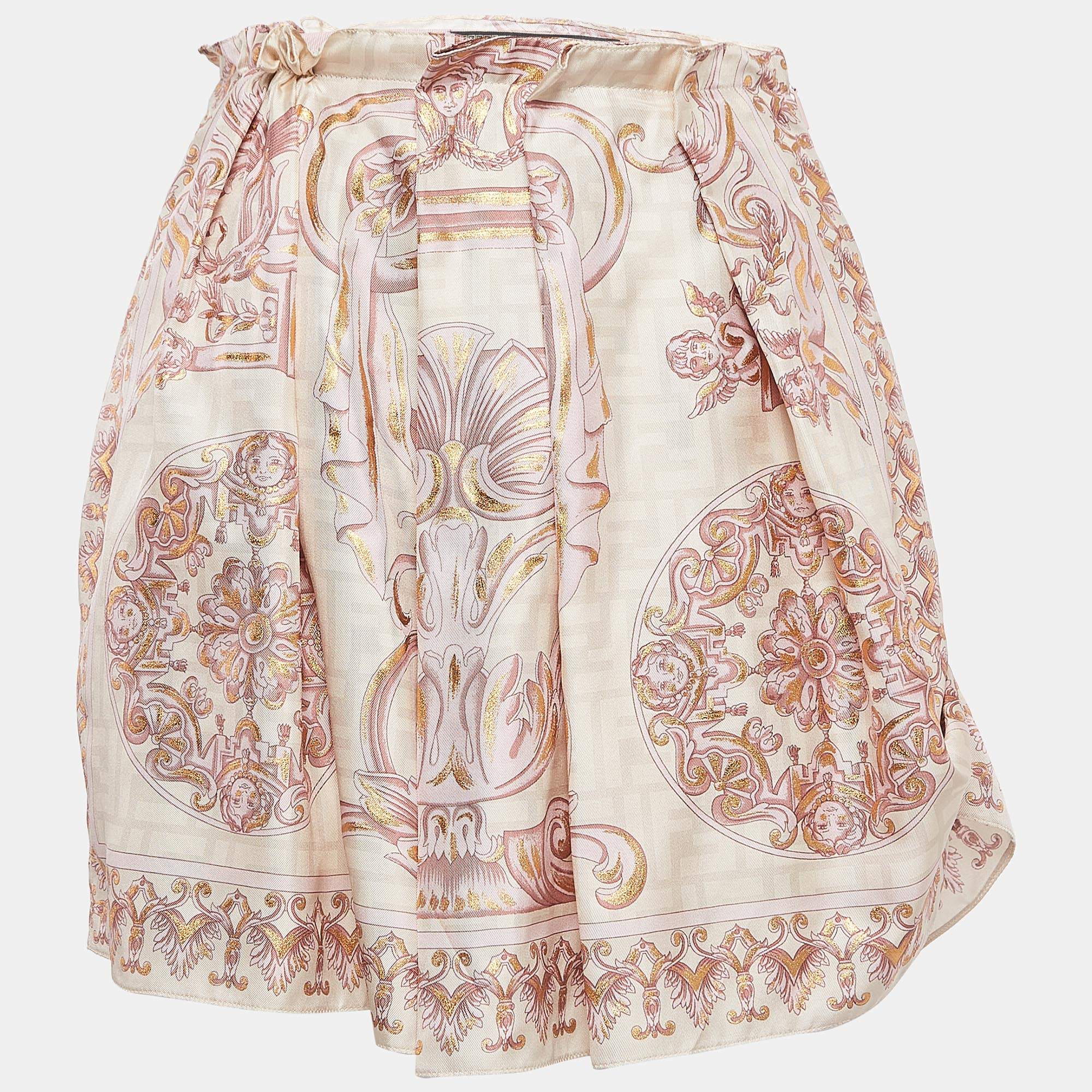 Pre Owned Fendi X Versace Pink Printed Silk Pleated Fendace Mini Skirt XS