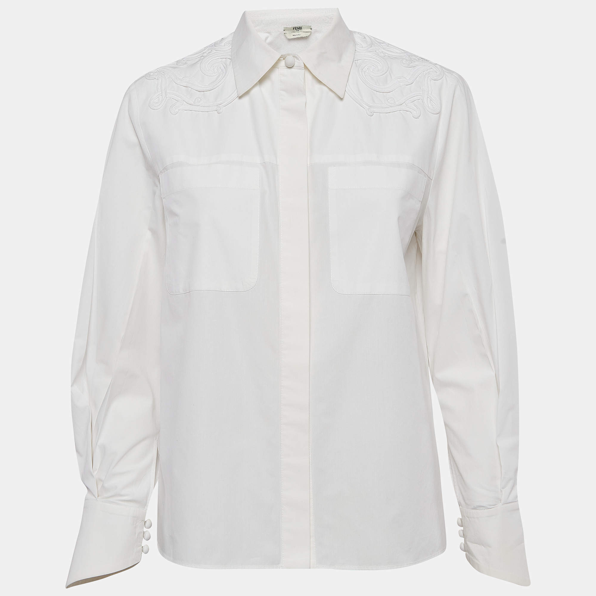 Fendi White Embroidered Yoke Cotton Long Sleeve Shirt S