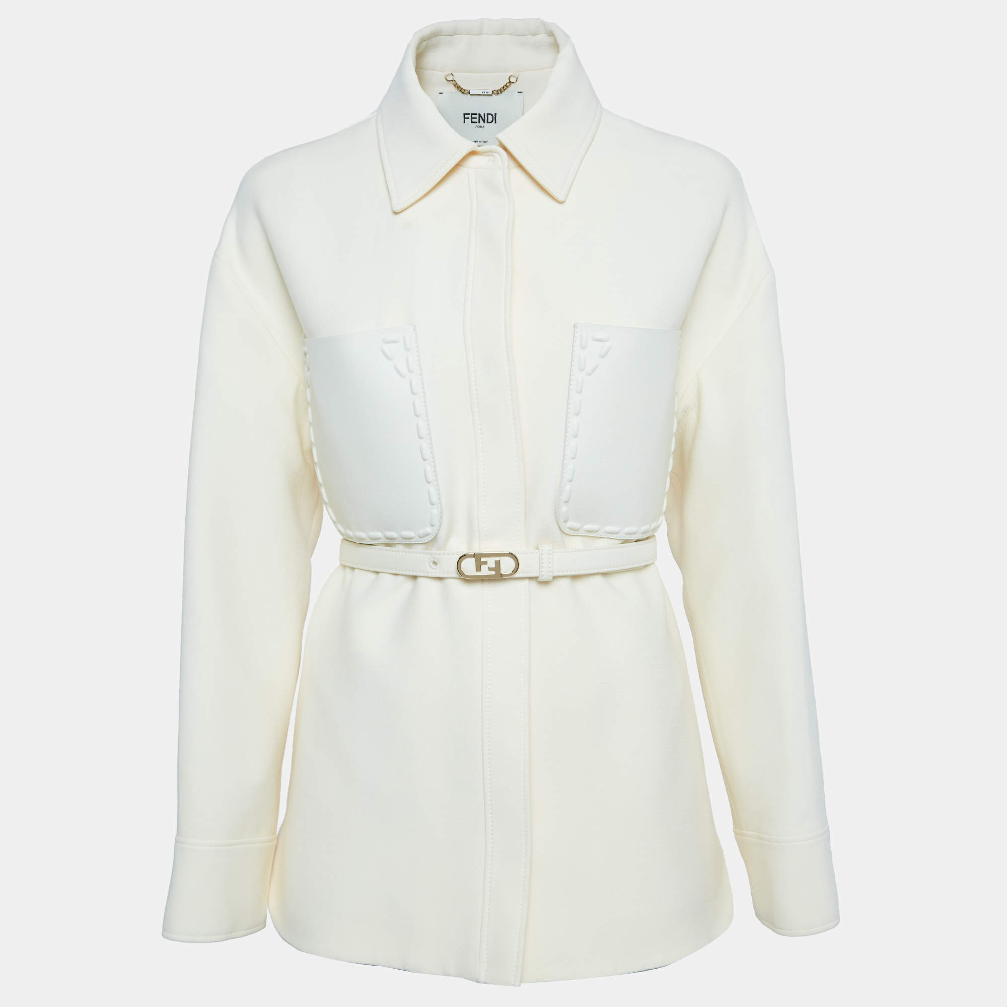 Pre Owned Fendi Off White Leather Trim Wool Belted Go-To Jacket S