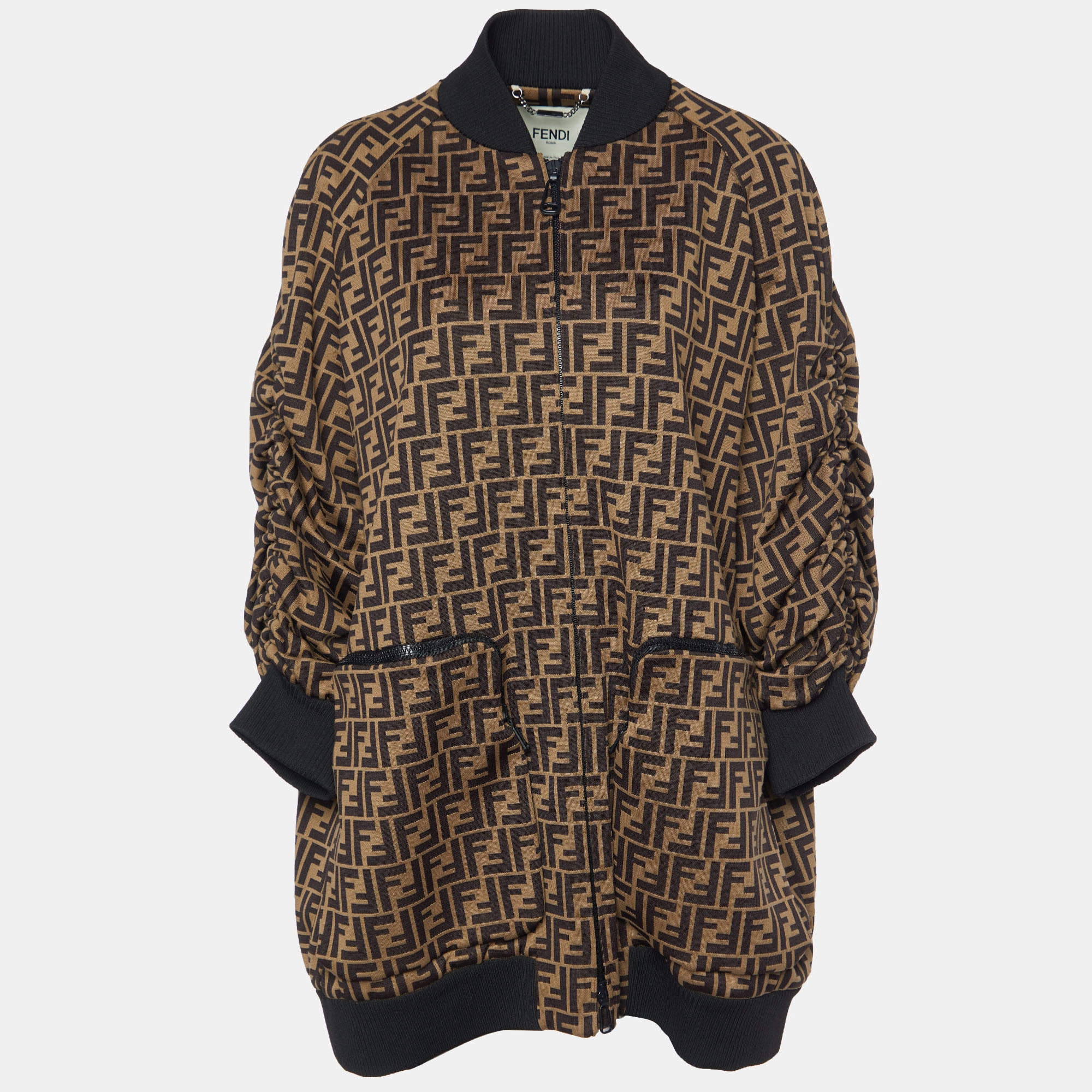 Fendi Brown FF Logo Pattern Jersey Oversized Zip Up Jacket M