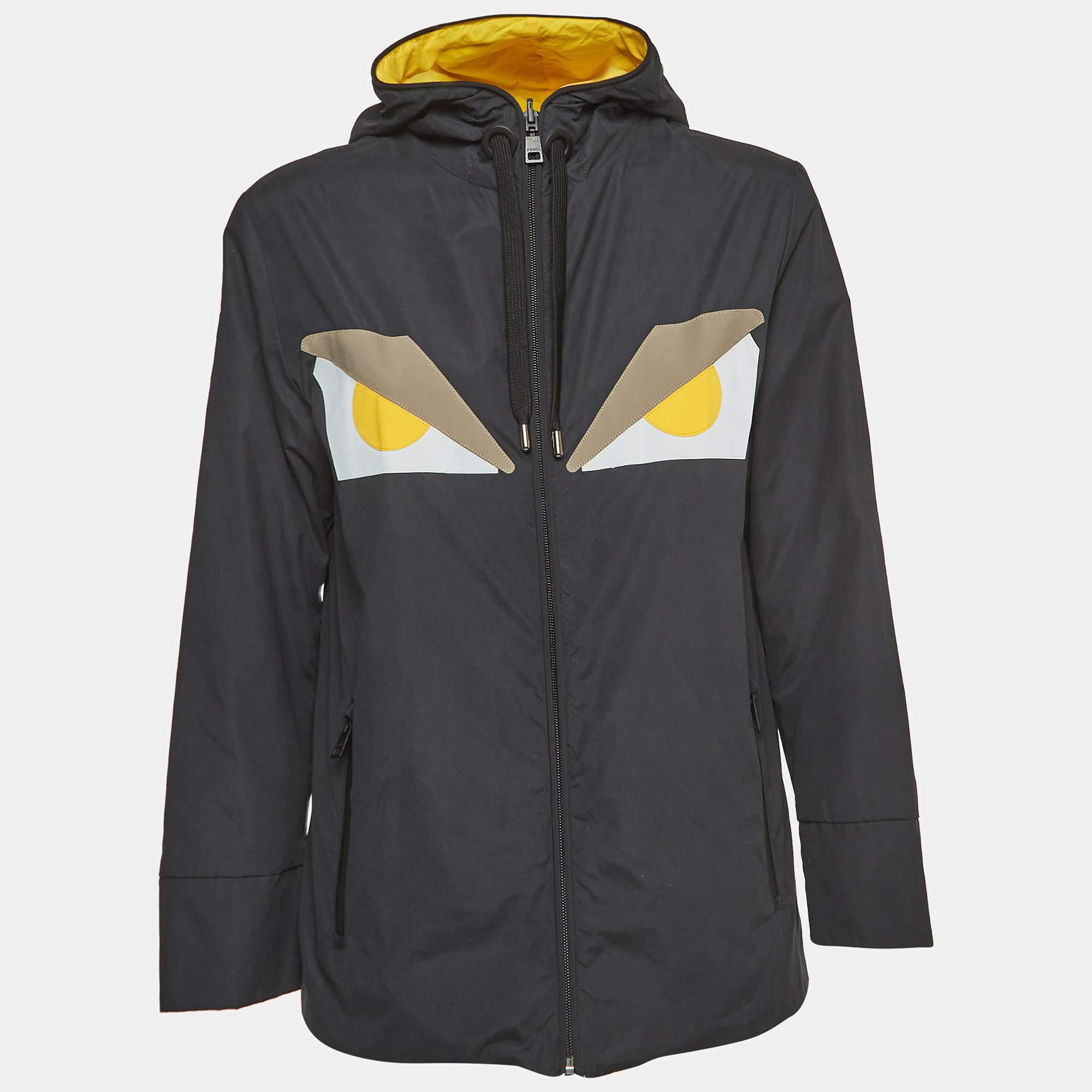 Pre Owned Fendi Grey/Yellow Eyes Applique Synthetic Reversible Hooded Jacket S