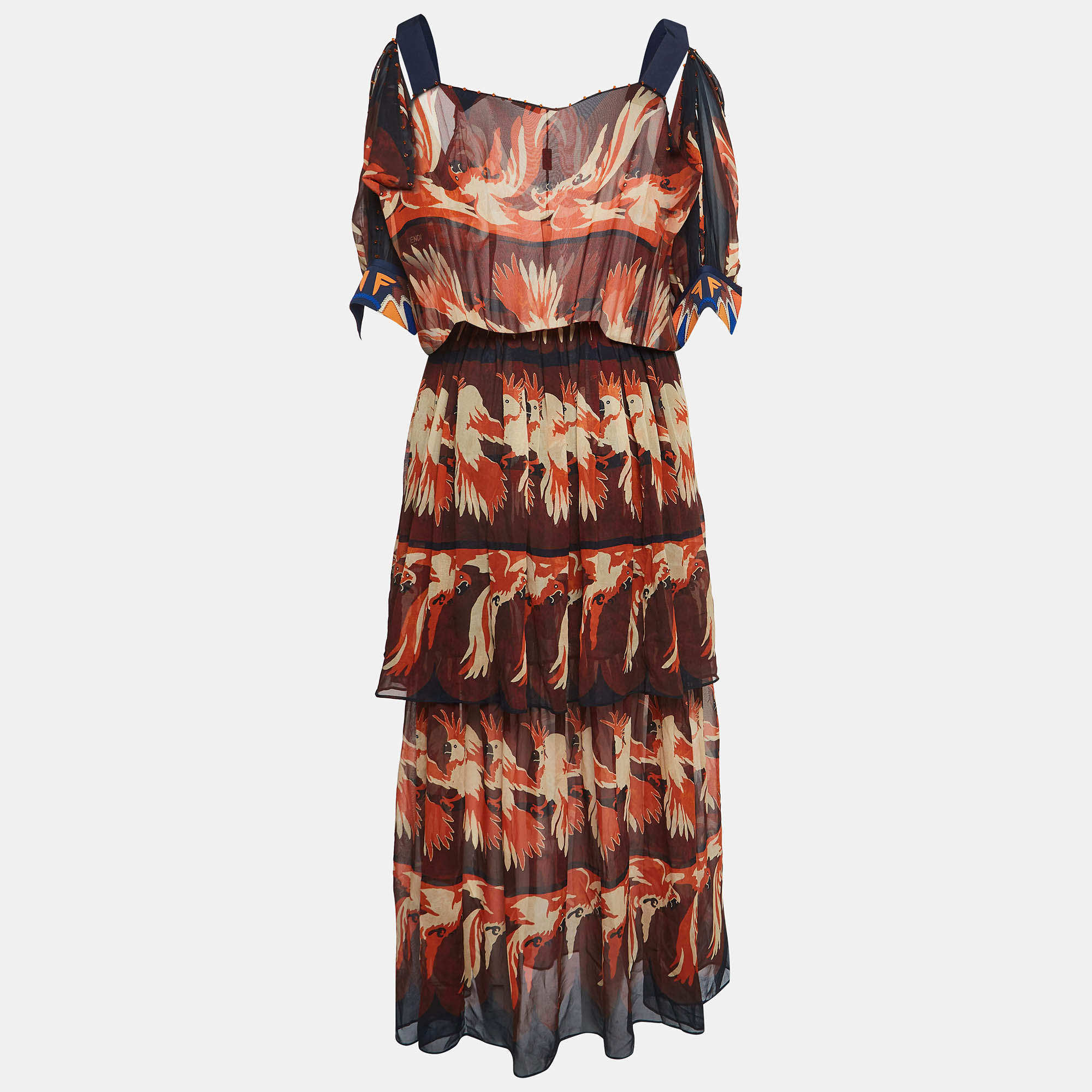 Fendi Multicolor Parakeet Print Silk Embellished Tiered Maxi