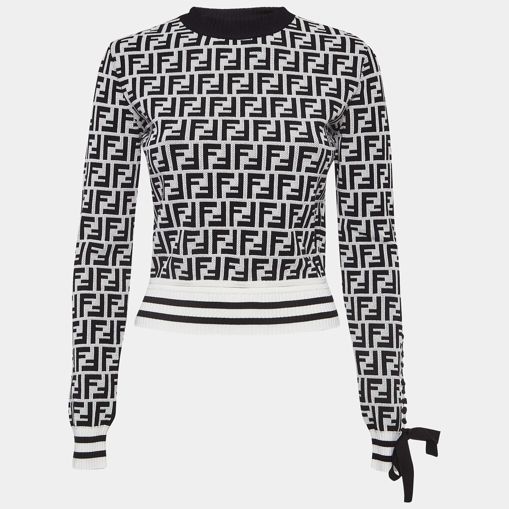 Fendi Monochrome Zucca Jacquard Knit Cut-Out Sweatshirt S