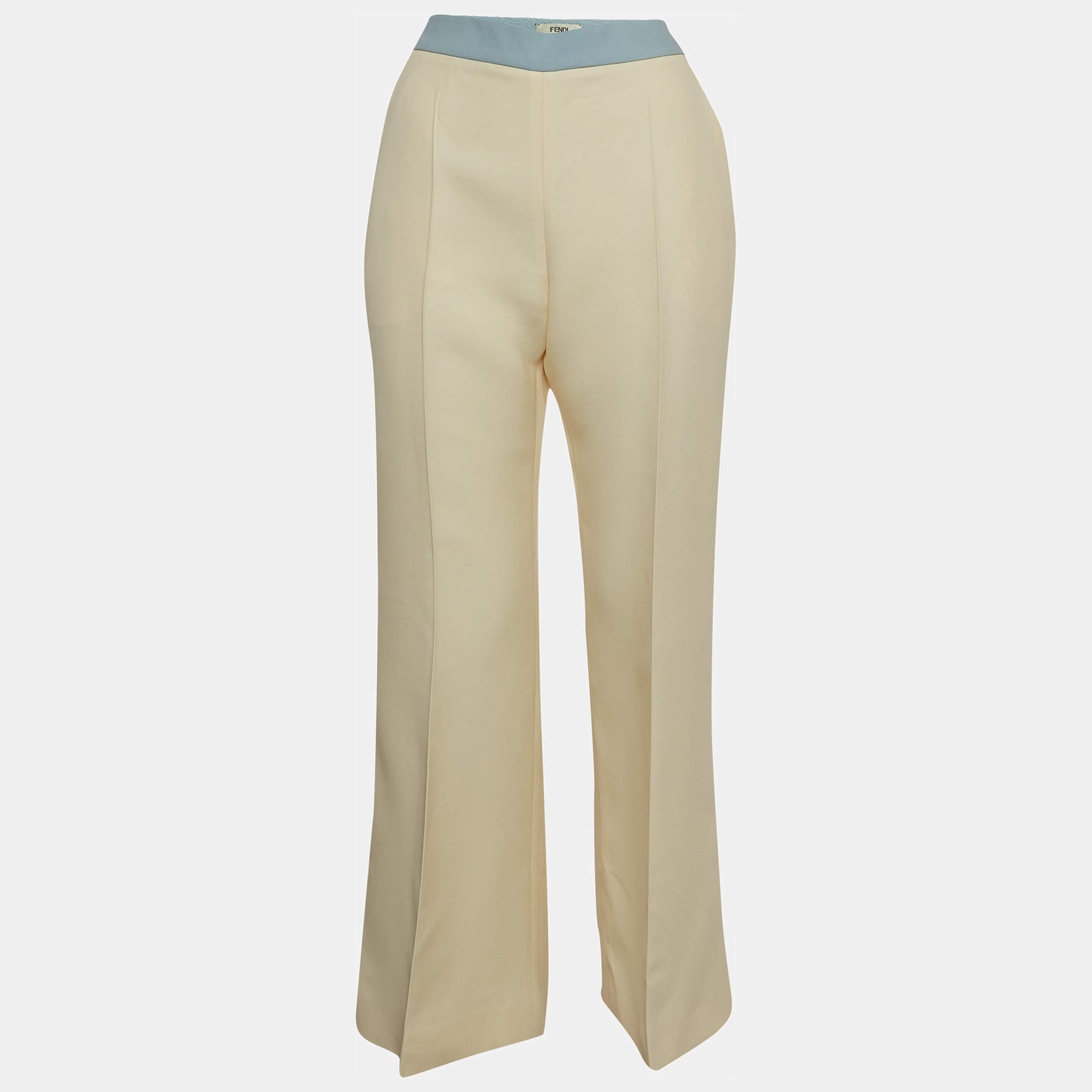 Pre Owned Fendi Cream Contrast Trim Wool Blend Flared Pants M