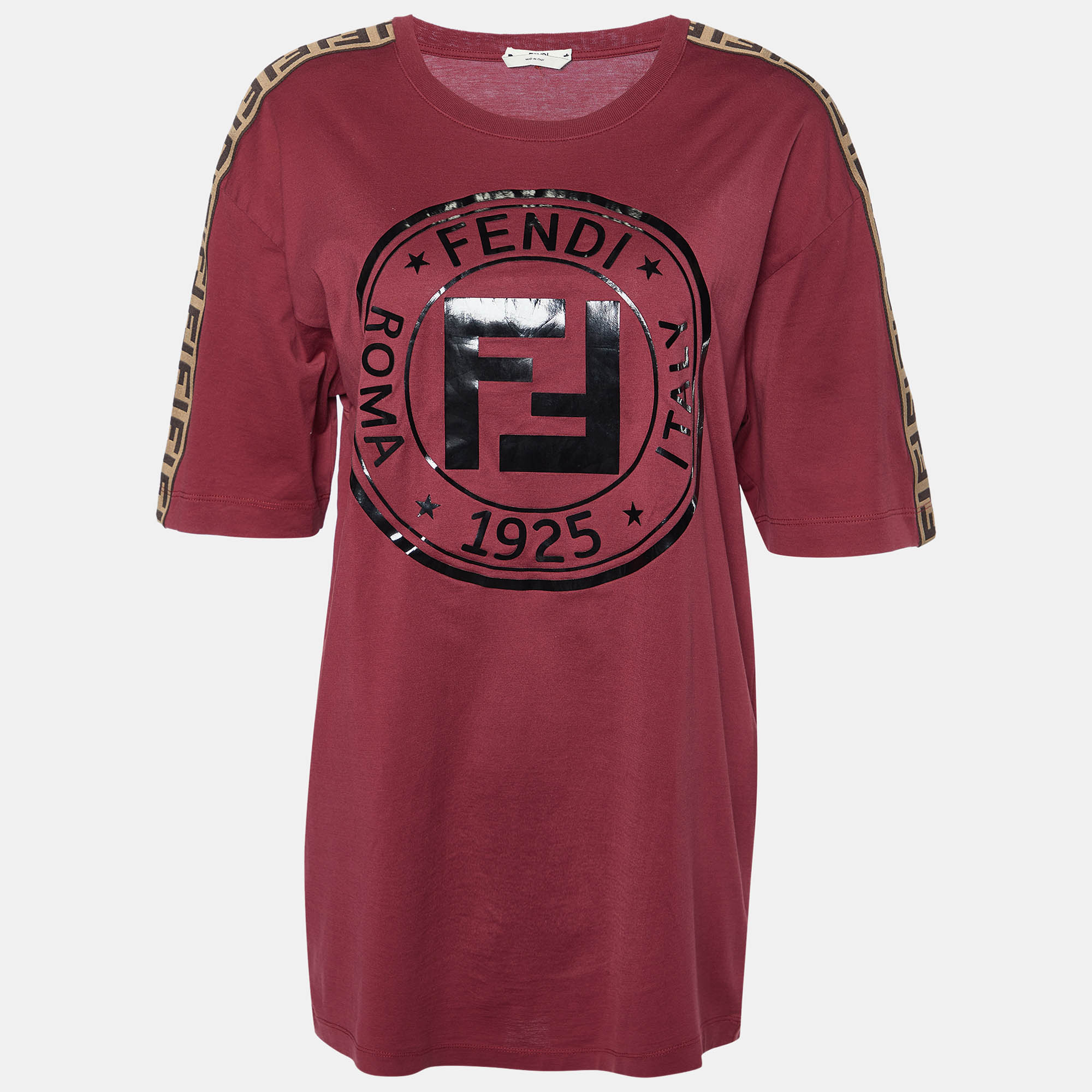 Pre Owned Fendi Burgundy Embossed Logo Print Cotton Crew Neck T-Shirt S
