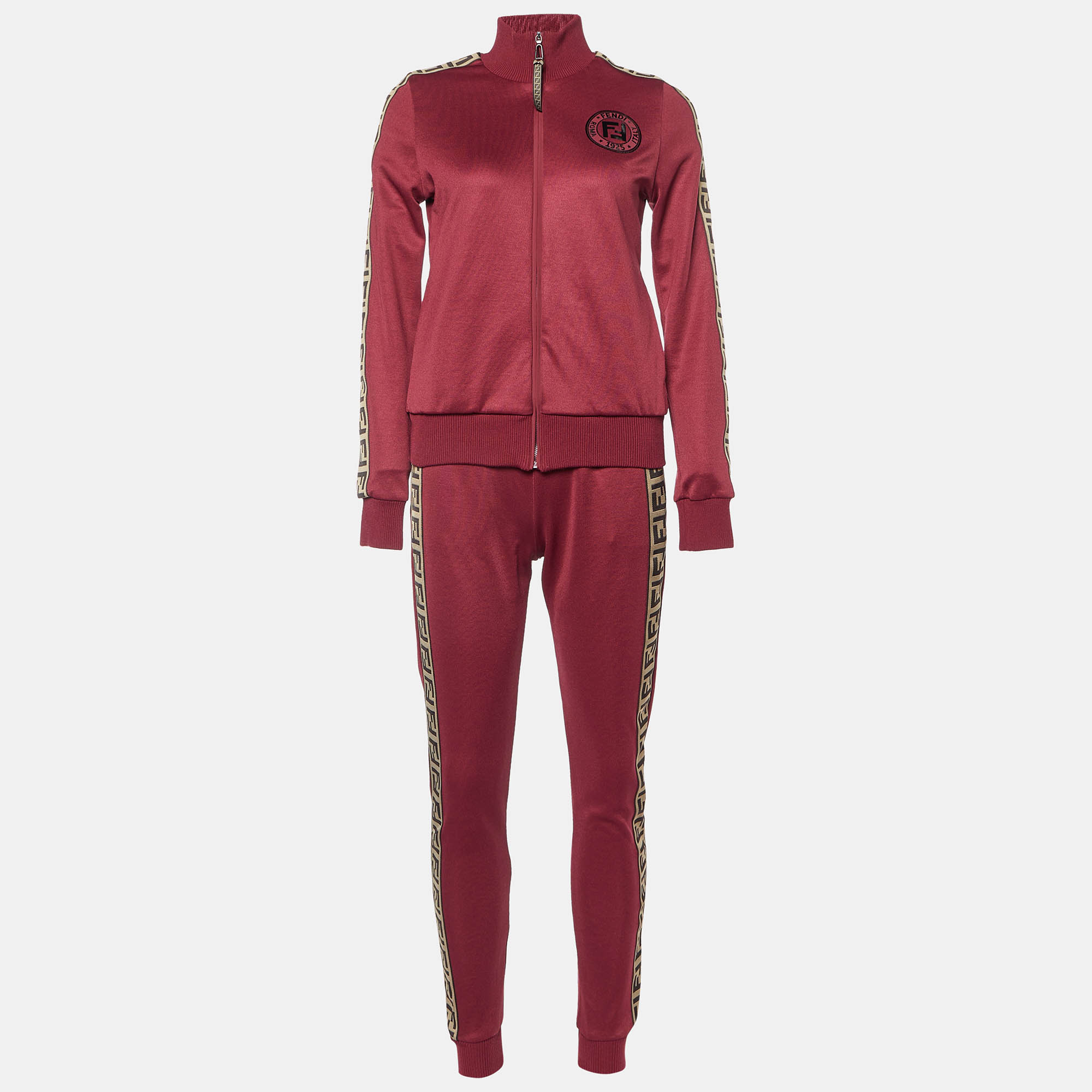 Pre Owned Fendi Maroon Jersey Logo Band Trim Track Suit S