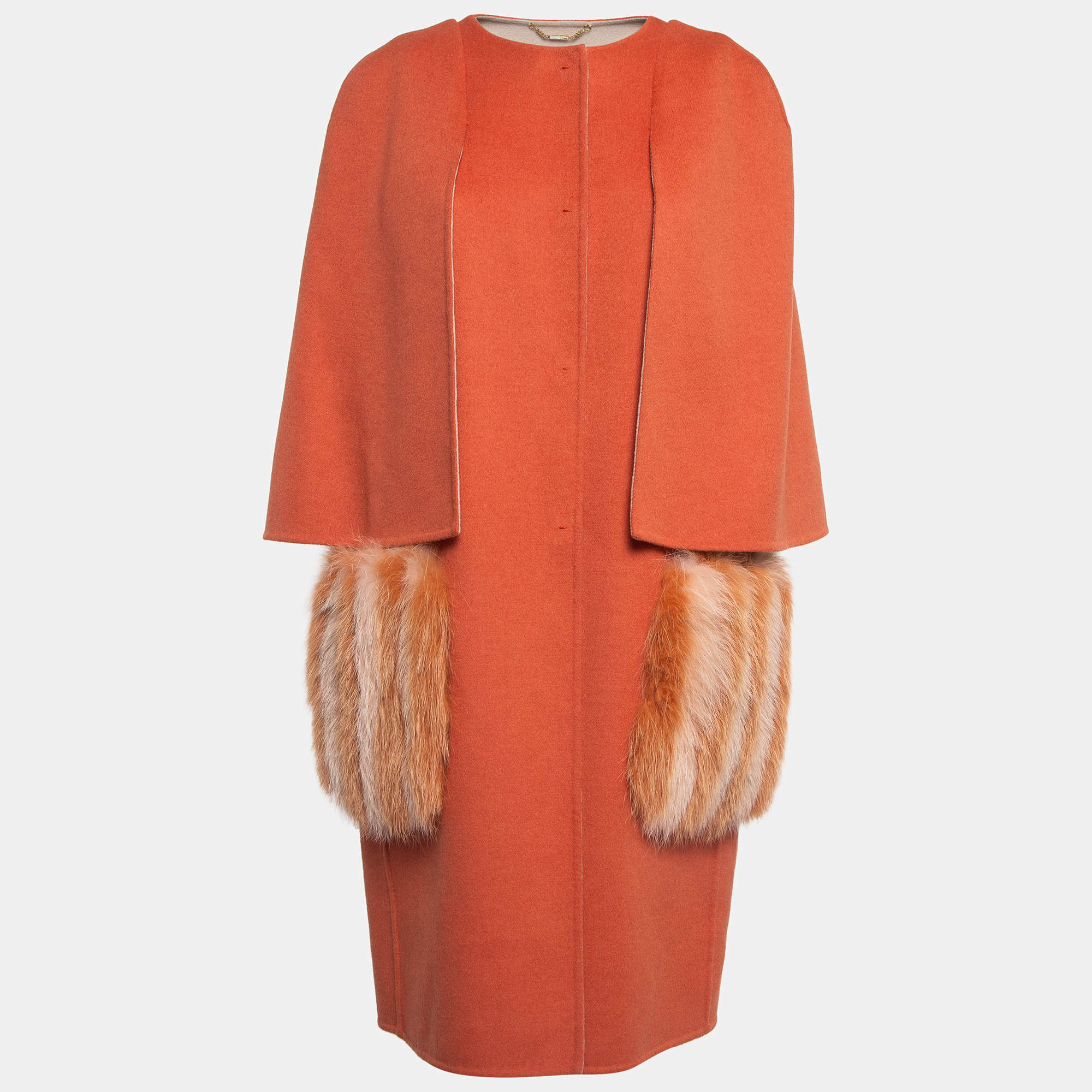 Fendi Orange Fox Fur and Felt Wool Cape Coat M