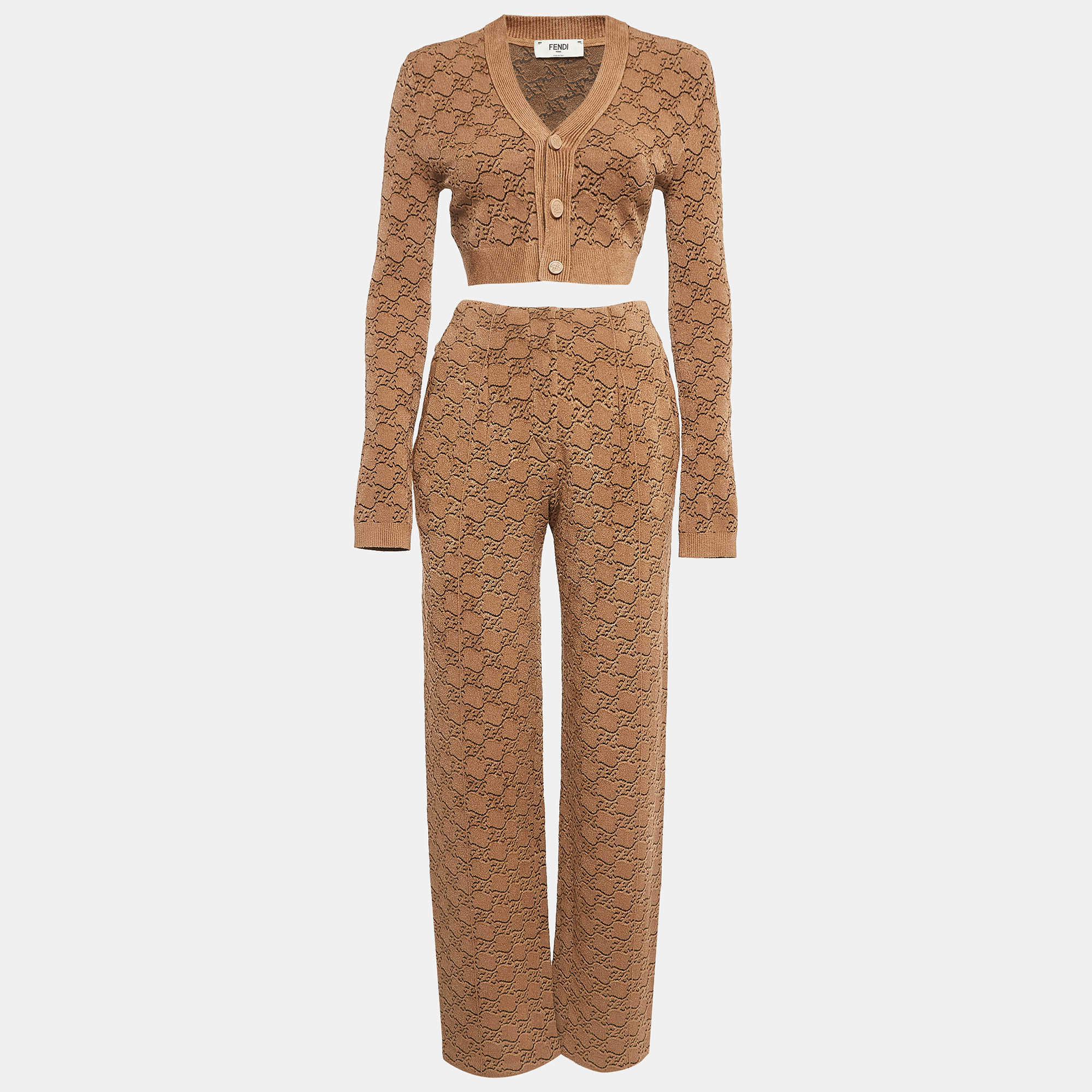 Fendi Brown Jacquard Knit Trouser and Cardigan Set S