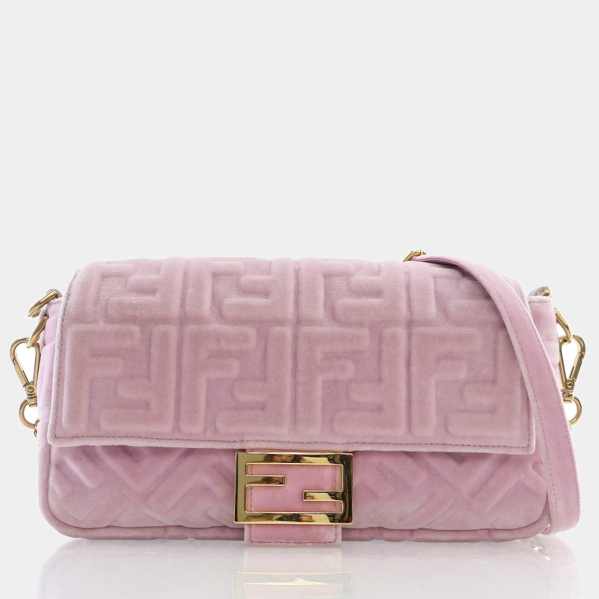 Fendi Rosa Confetti Velvet FF Embossed Baguette Shoulder Bags