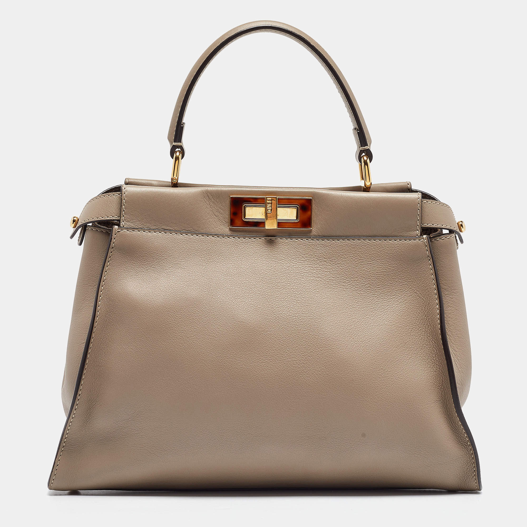 Pre Owned Fendi Beige Leather Medium Peekaboo Top Handle Bag