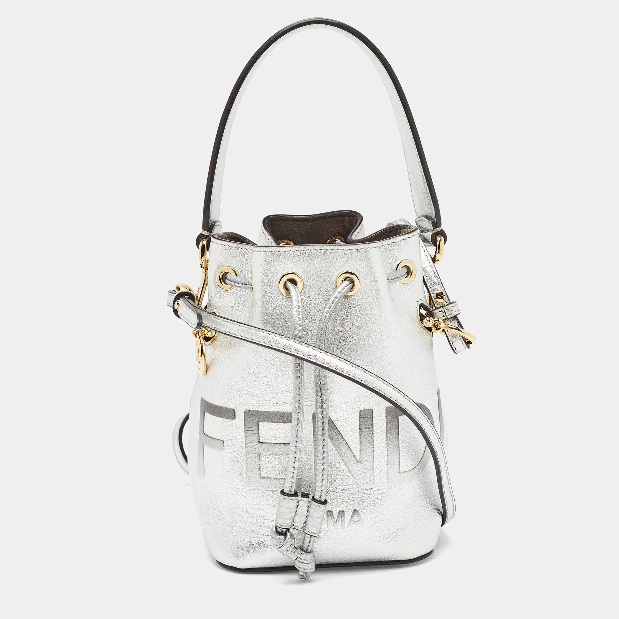 Pre Owned Fendi SIlver Leather Mini Mon Tresor Drawstring Bucket Bag