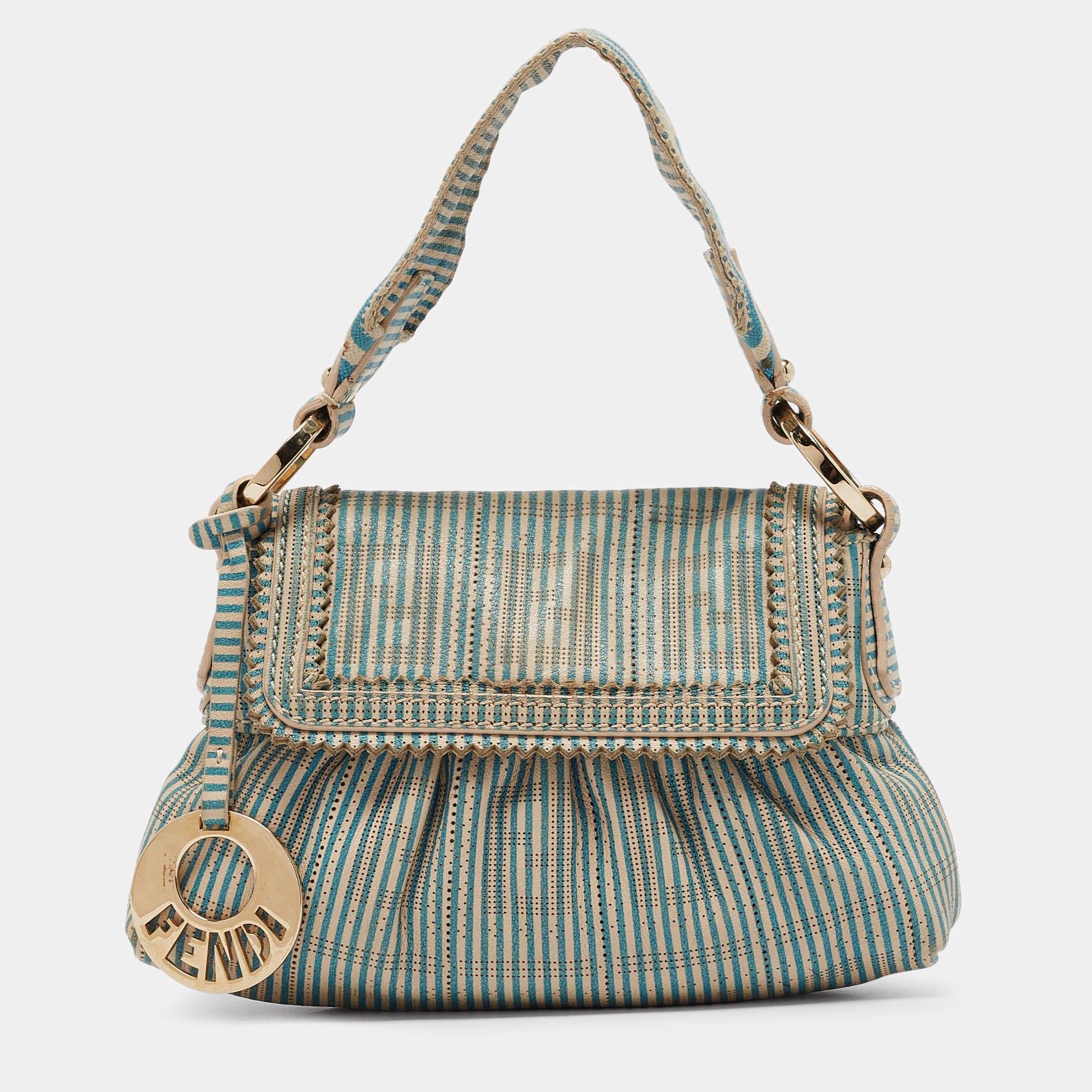 Fendi Blue/White Stripe Leather Mini Perforated FF Chef Pochette Bag