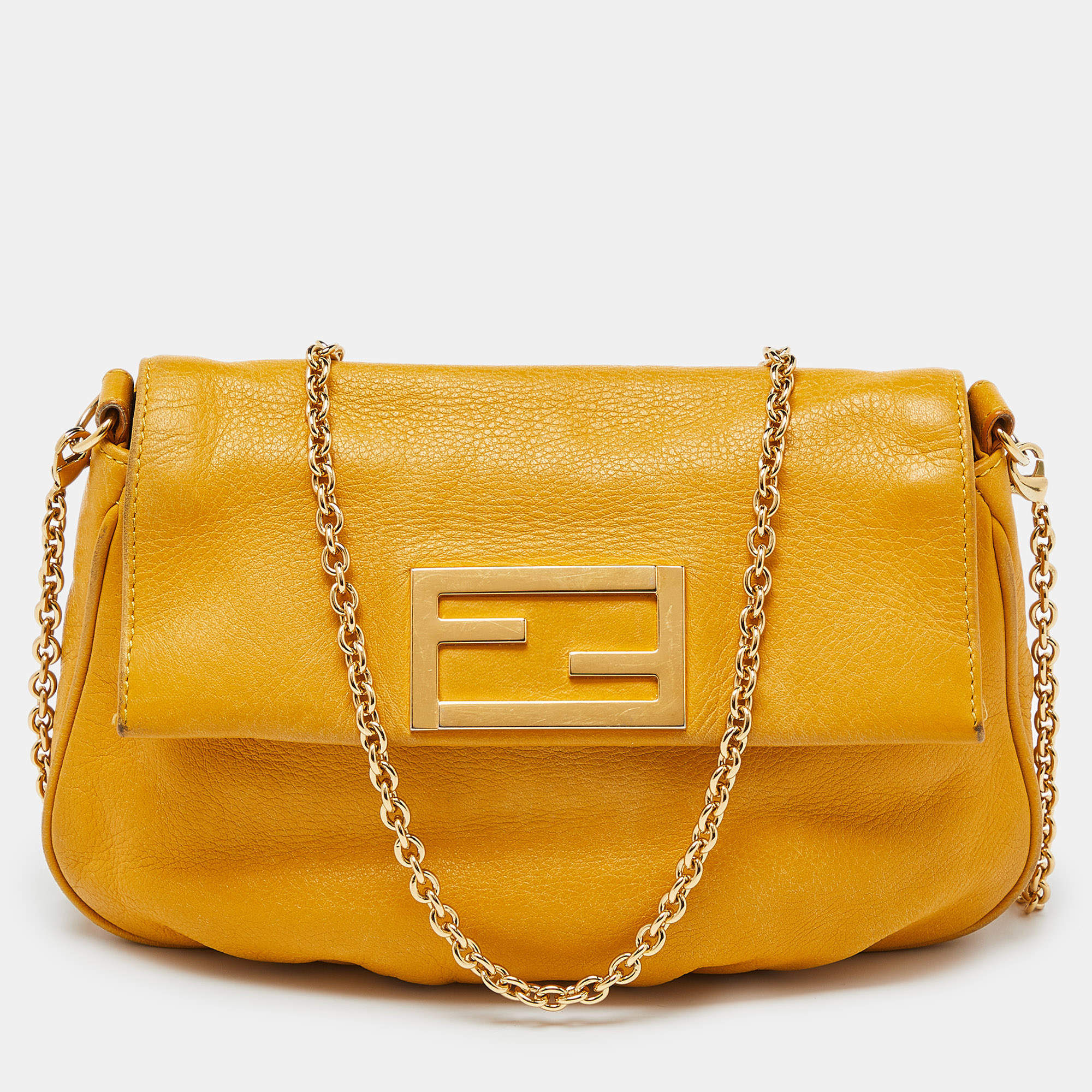 Pre Owned Fendi Yellow Leather Fendista Pochette Crossbody Bag