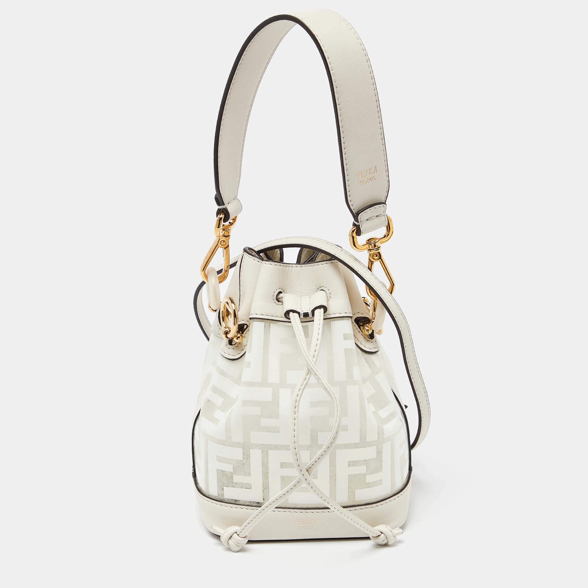 Pre Owned Fendi White Zucca PVC and Leather Mini Mon Tresor Drawstring Bucket Bag