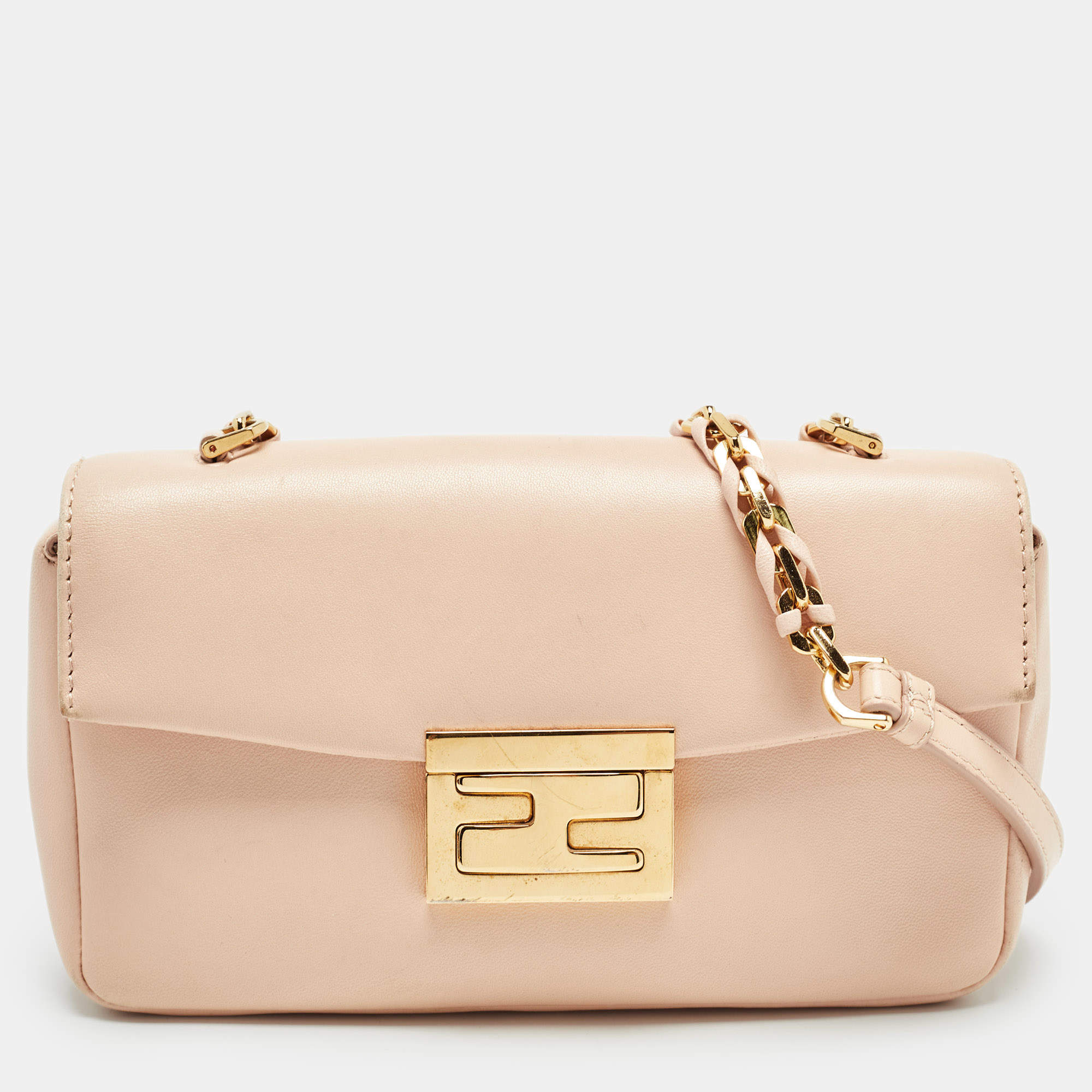 Pre Owned Fendi Peach Leather Mini Be Baguette Flap Shoulder Bag