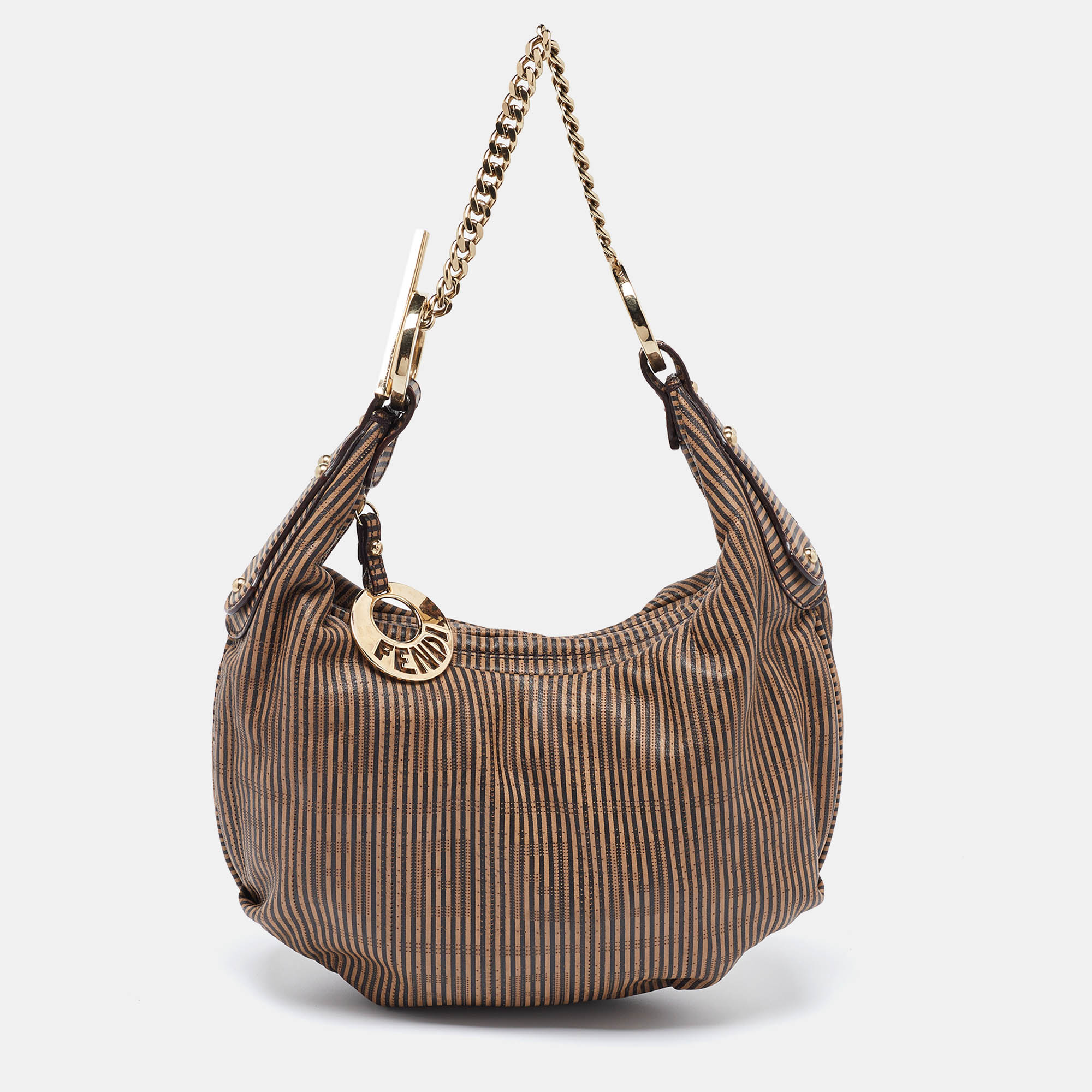 Fendi Brown/Black Stripe Perforated Leather Chef Chain Hobo