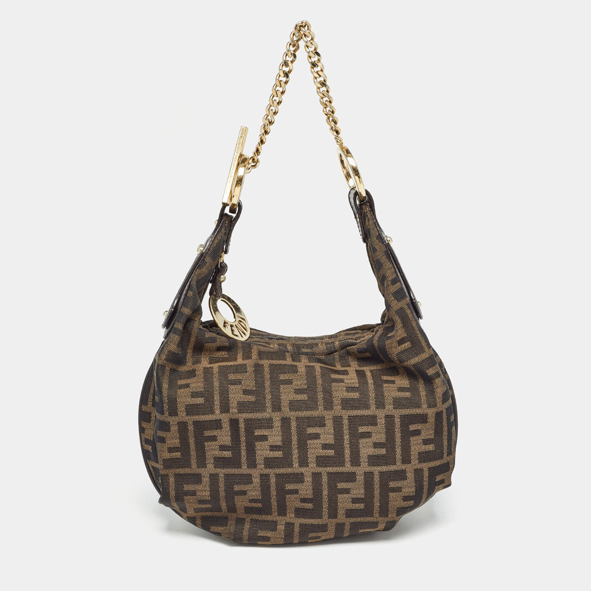 Pre Owned Fendi Tobacco Zucca Canvas and Leather Small Chef Chain Link Hobo