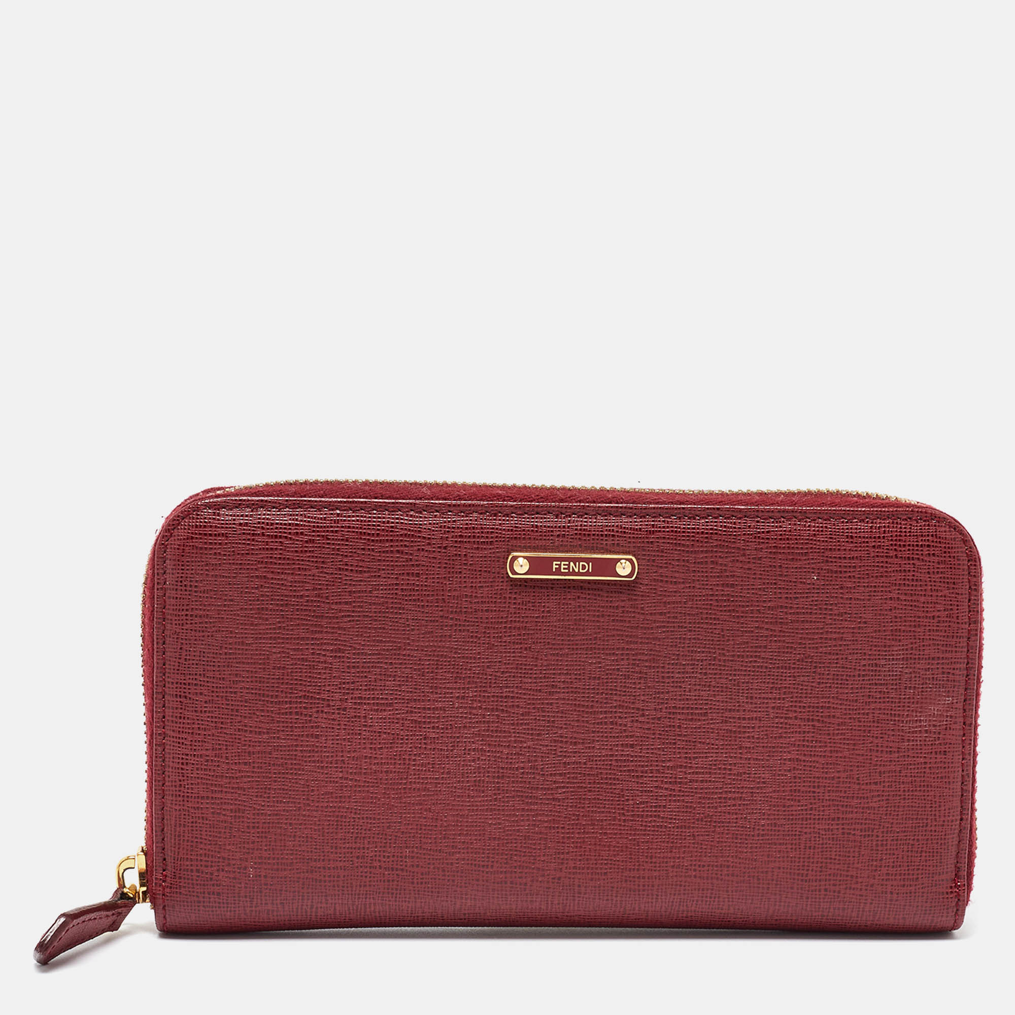 Pre Owned Fendi Red Leather Elite Zip Around Wallet