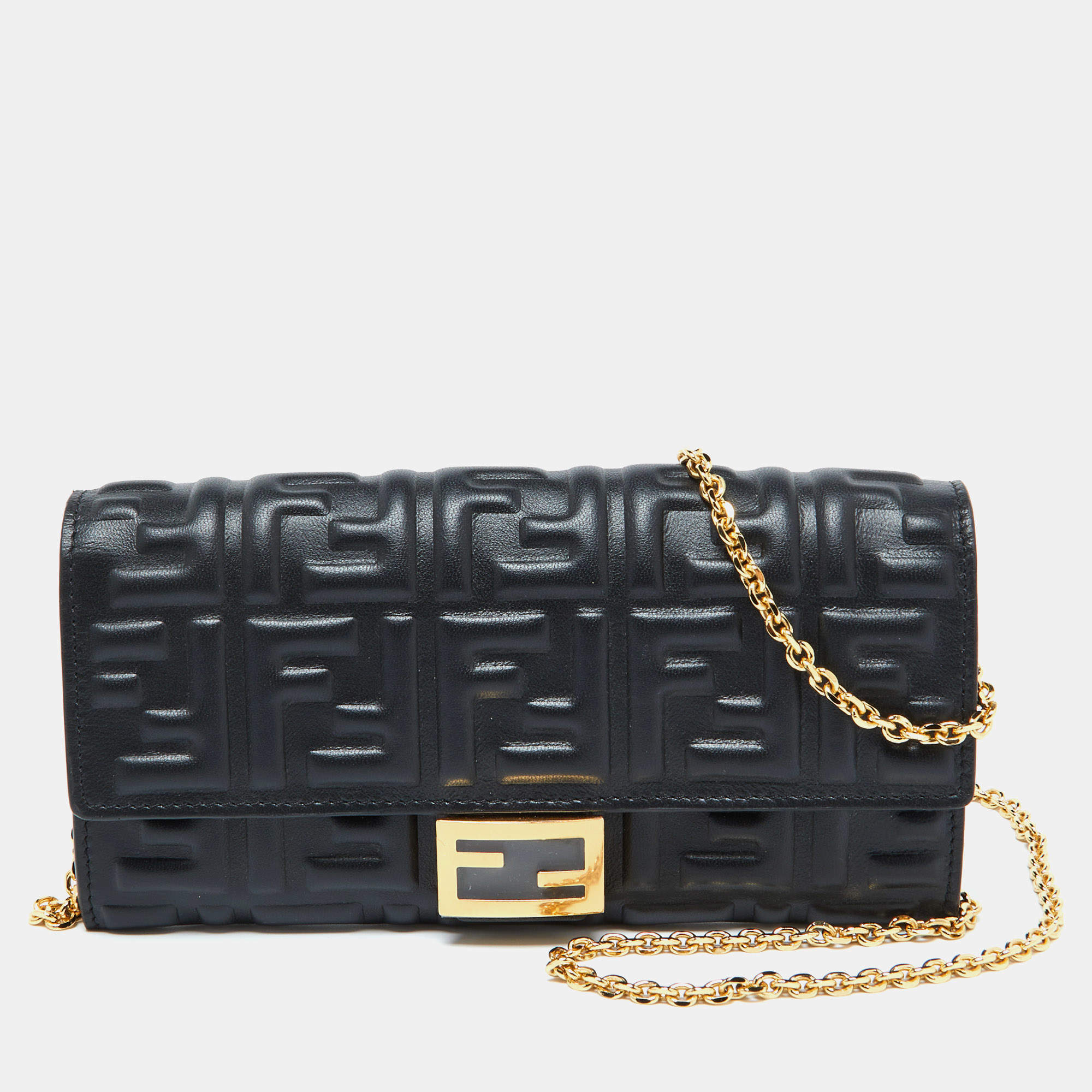 Fendi Black Zucca Embossed Leather Baguette Wallet on Chain