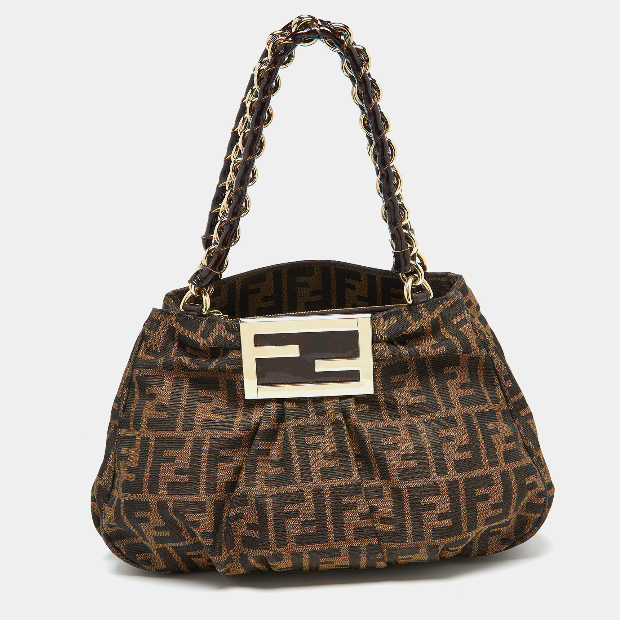 مملوكة مسبقًا Fendi Tobacco Zucca Canvas and Patent Leather Small Mia Hobo