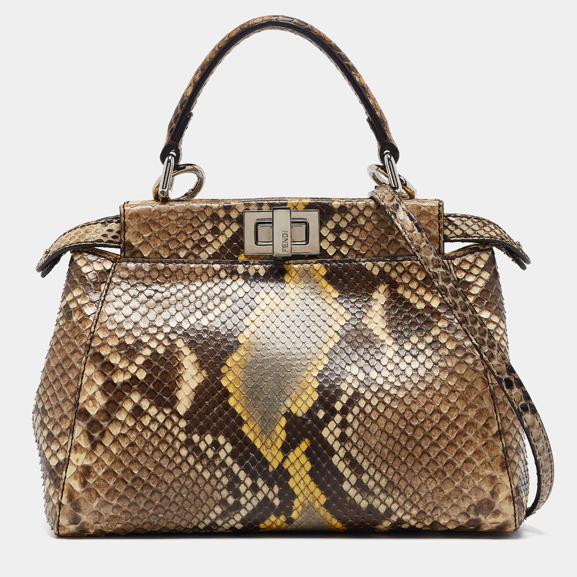 Pre Owned Fendi Beige/Yellow Python Mini Peekaboo Top Handle Bag