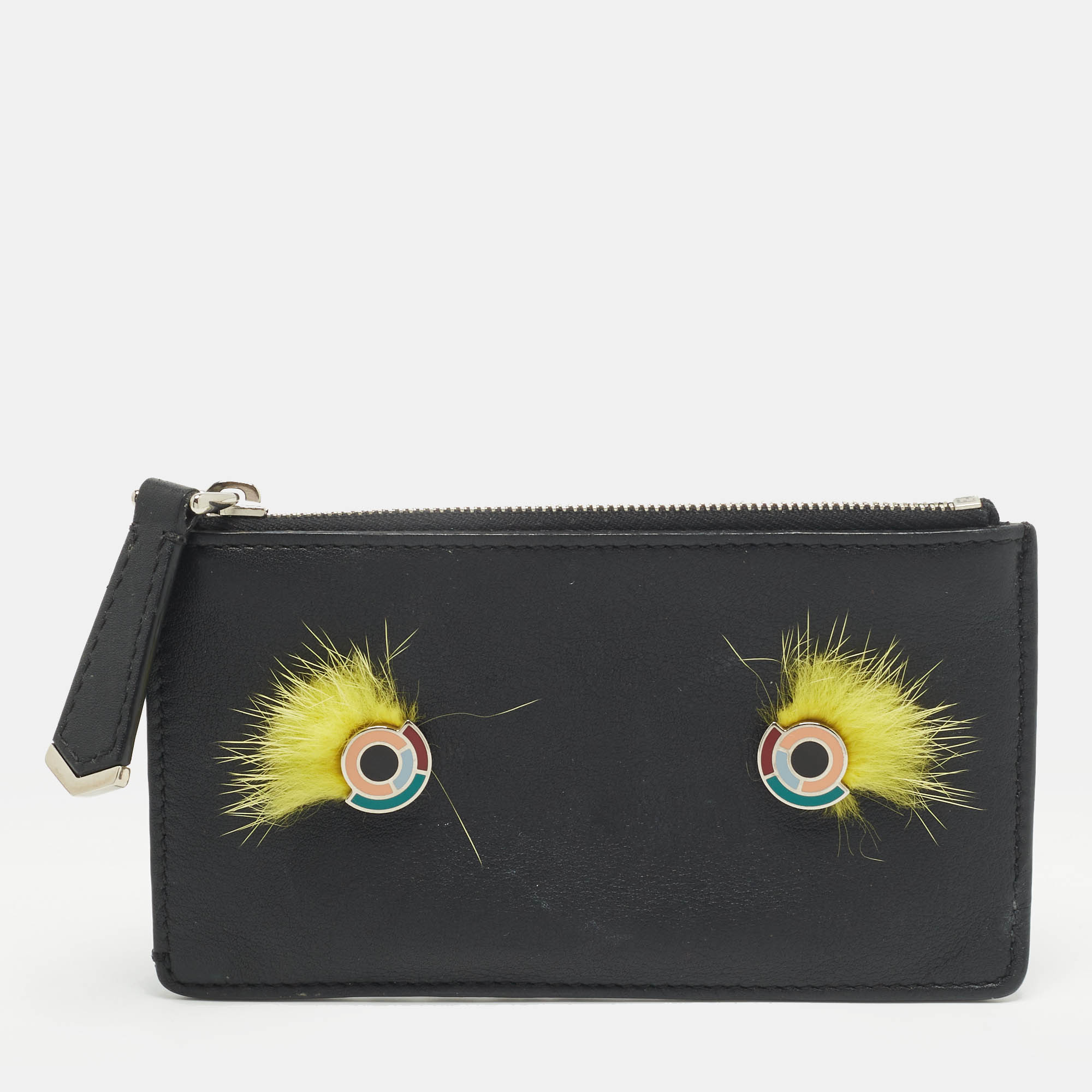 Fendi Black Leather and Mink Fur Monster Eyes Zip Card Holder