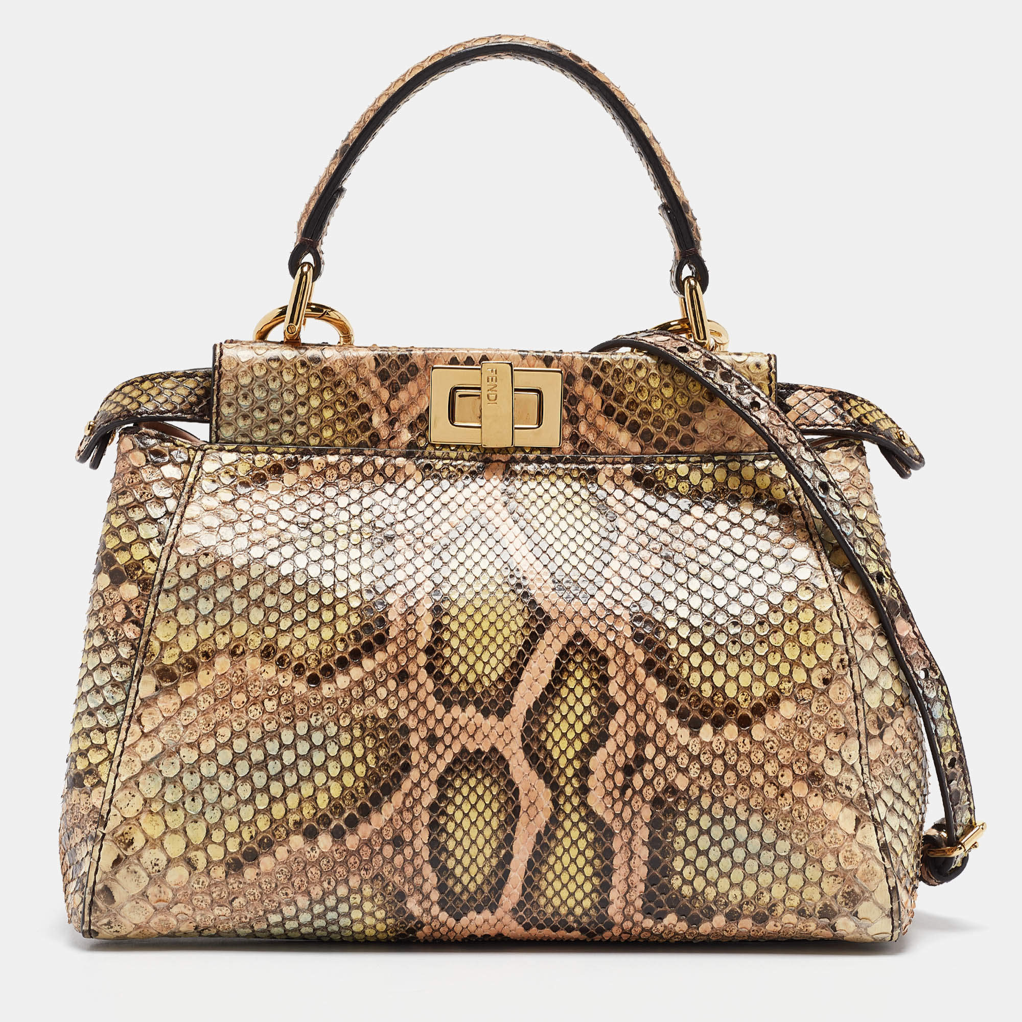 Pre Owned Fendi Multicolor Python Mini Peekaboo Top Handle Bag