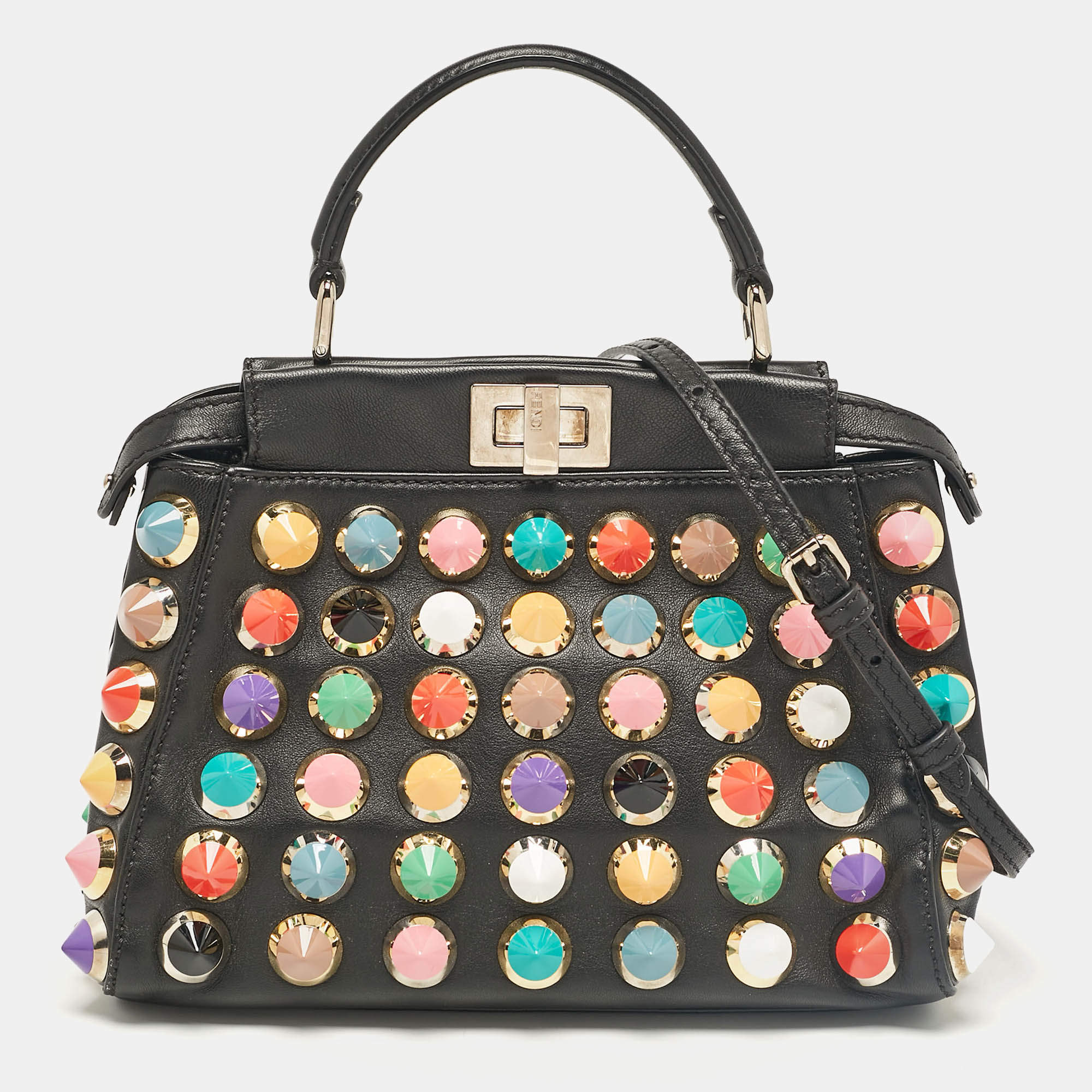 Fendi Black Leather Multicolor Studs Mini Peekaboo Top Handle Bag