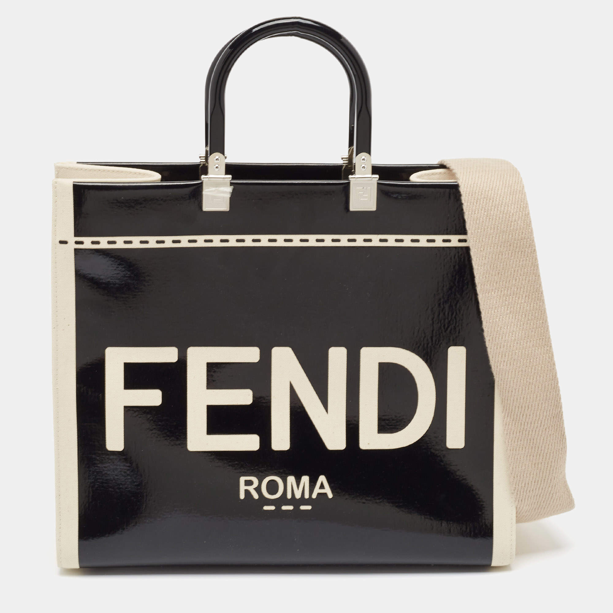 Fendi Black/Off White Canvas and Patent Leather Medium Sunshine Shopper Tote