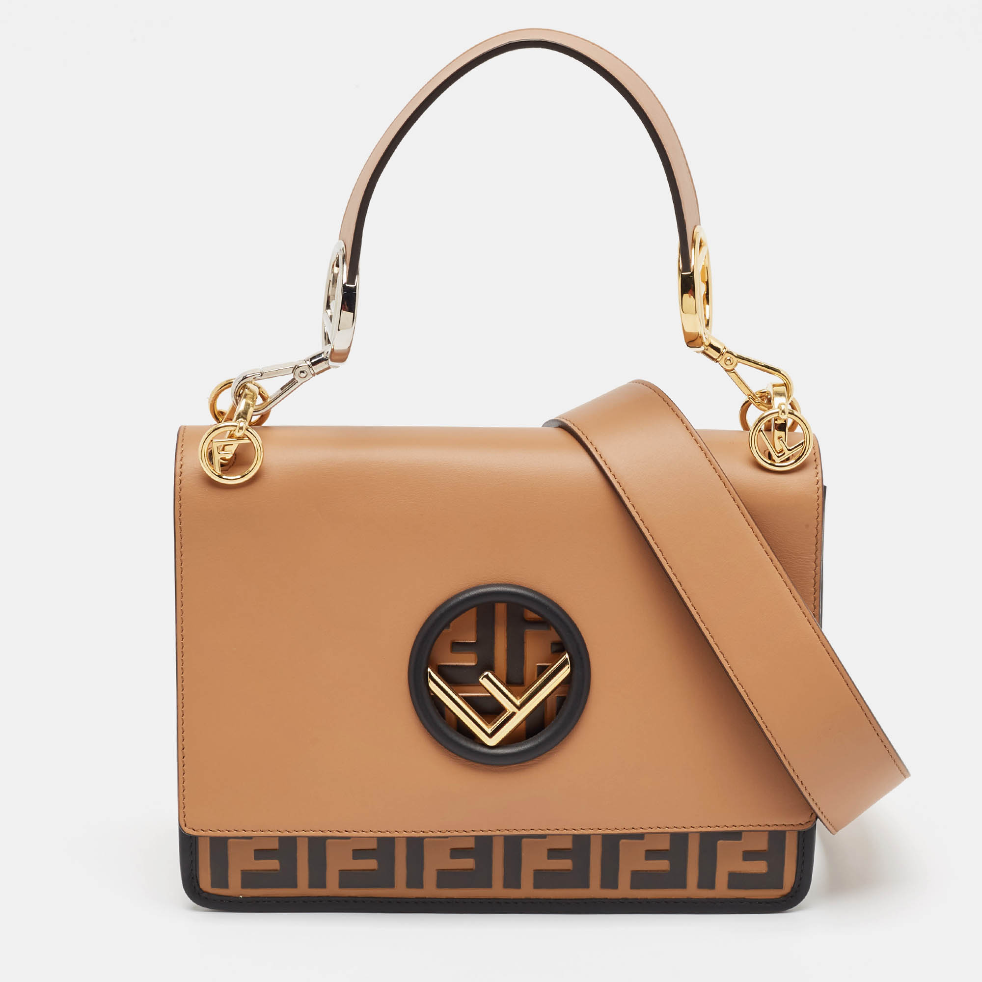 Pre Owned Fendi Brown/Black Zucca Embossed Leather Kan I F Top Handle Bag
