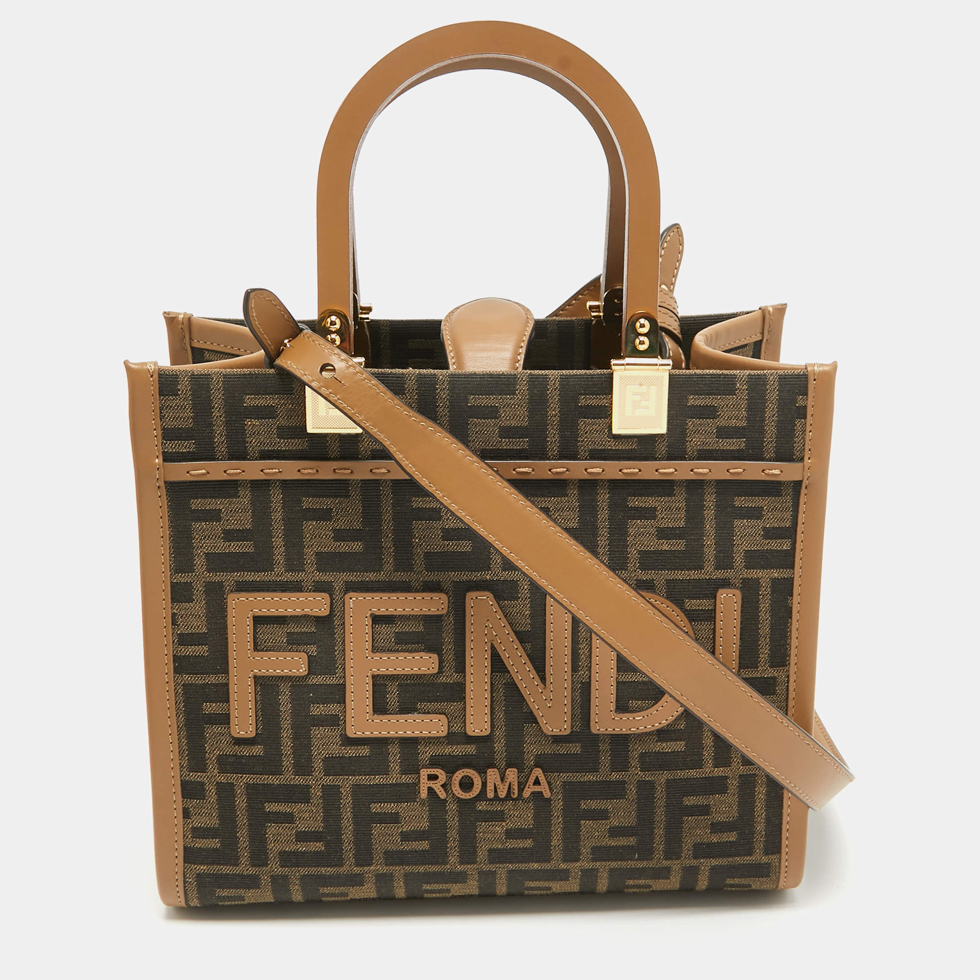 Pre Owned Fendi Brown FF Jacquard Fabric Small Sunshine Tote