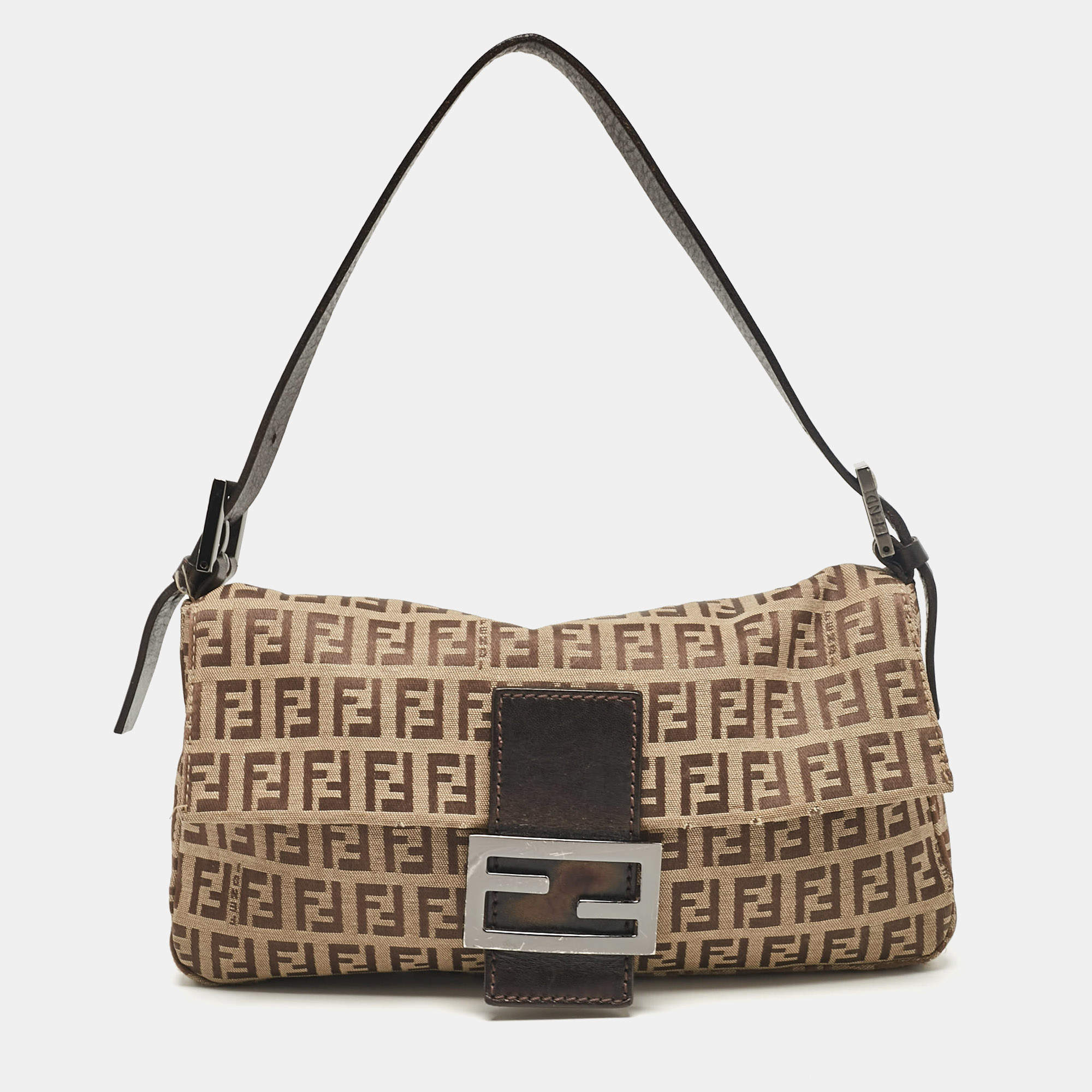 Pre Owned Fendi Beige/Brown Zucchino Fabric and Leather Baguette Bag