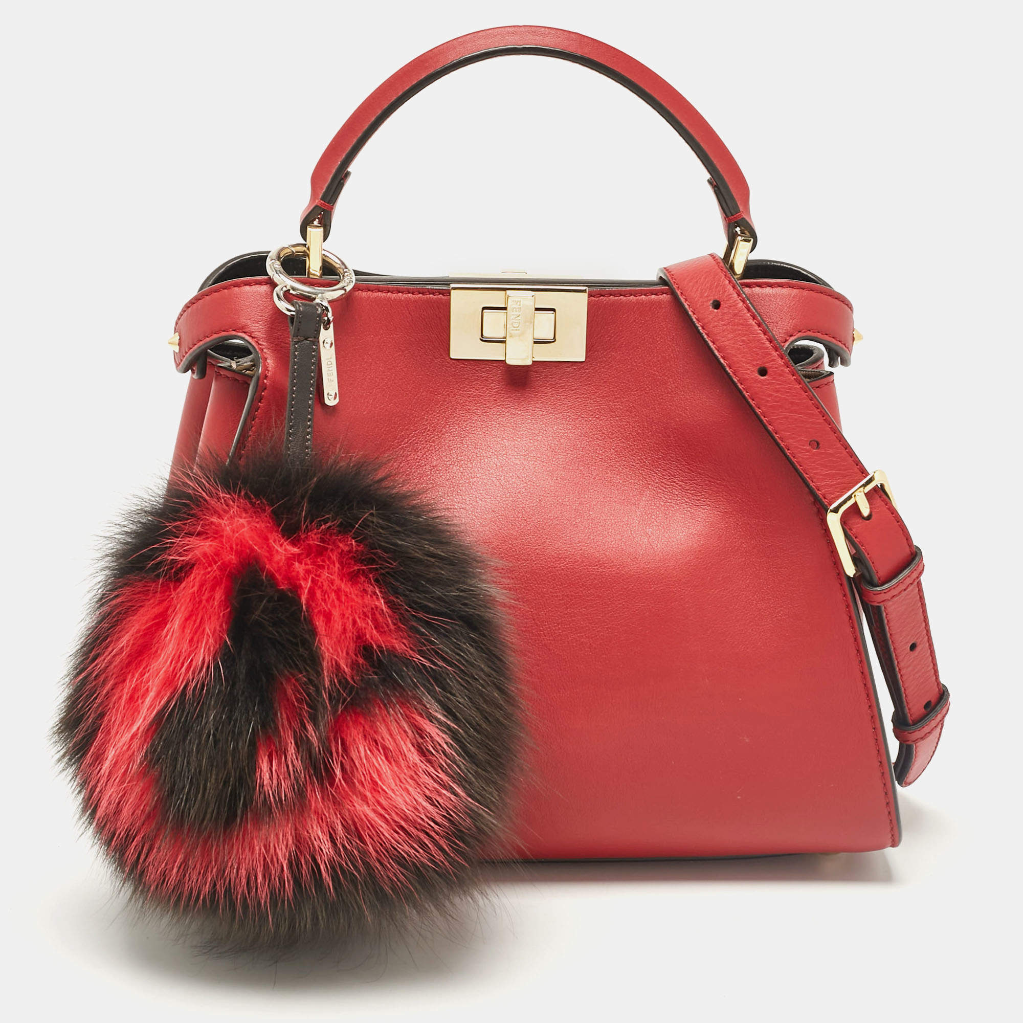 Pre Owned Fendi Red Leather Peekaboo Essentially Top Handle Bag