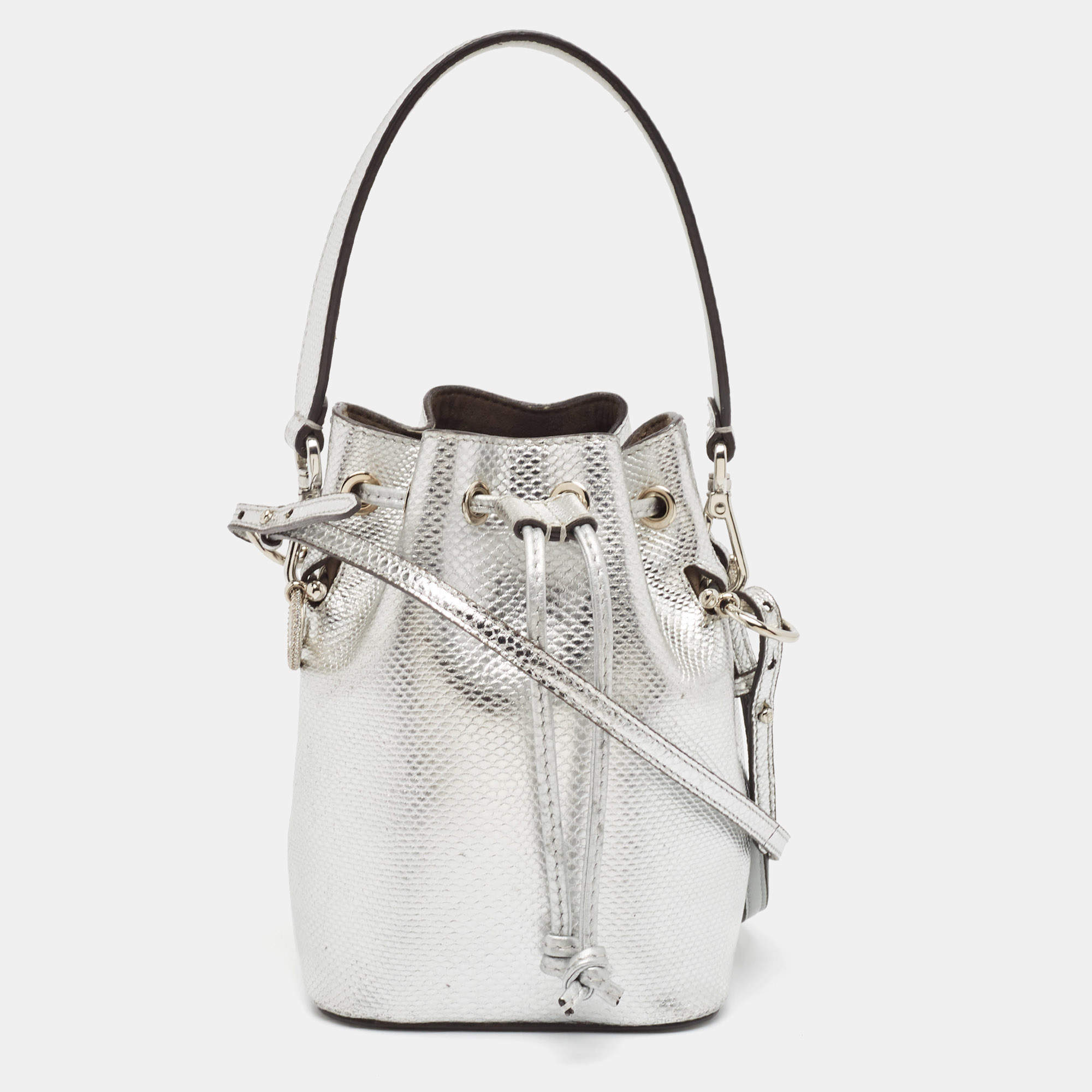 Pre Owned Fendi Silver Karung Leather Mini Mon Tresor Bucket Bag