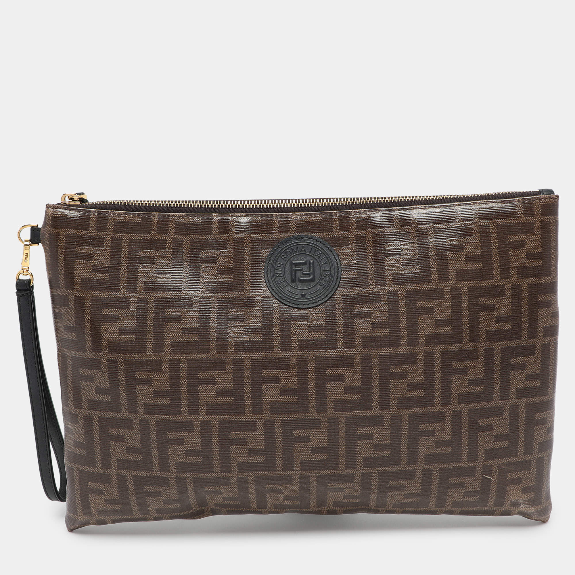 Fendi Brown FF Coated Canvas Large Zip Wristlet Clutch