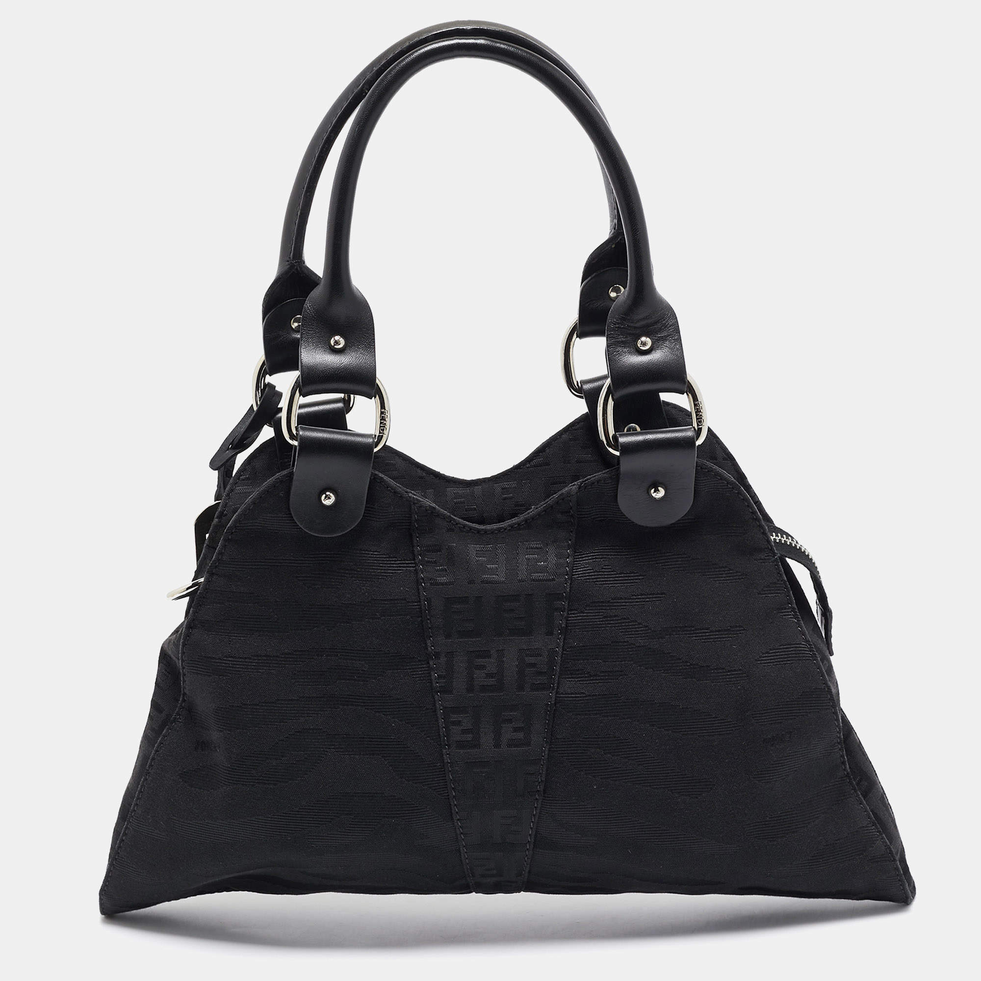 Pre Owned Fendi Black Zuchinno Fabric and Leather Devil Trapezio Tote