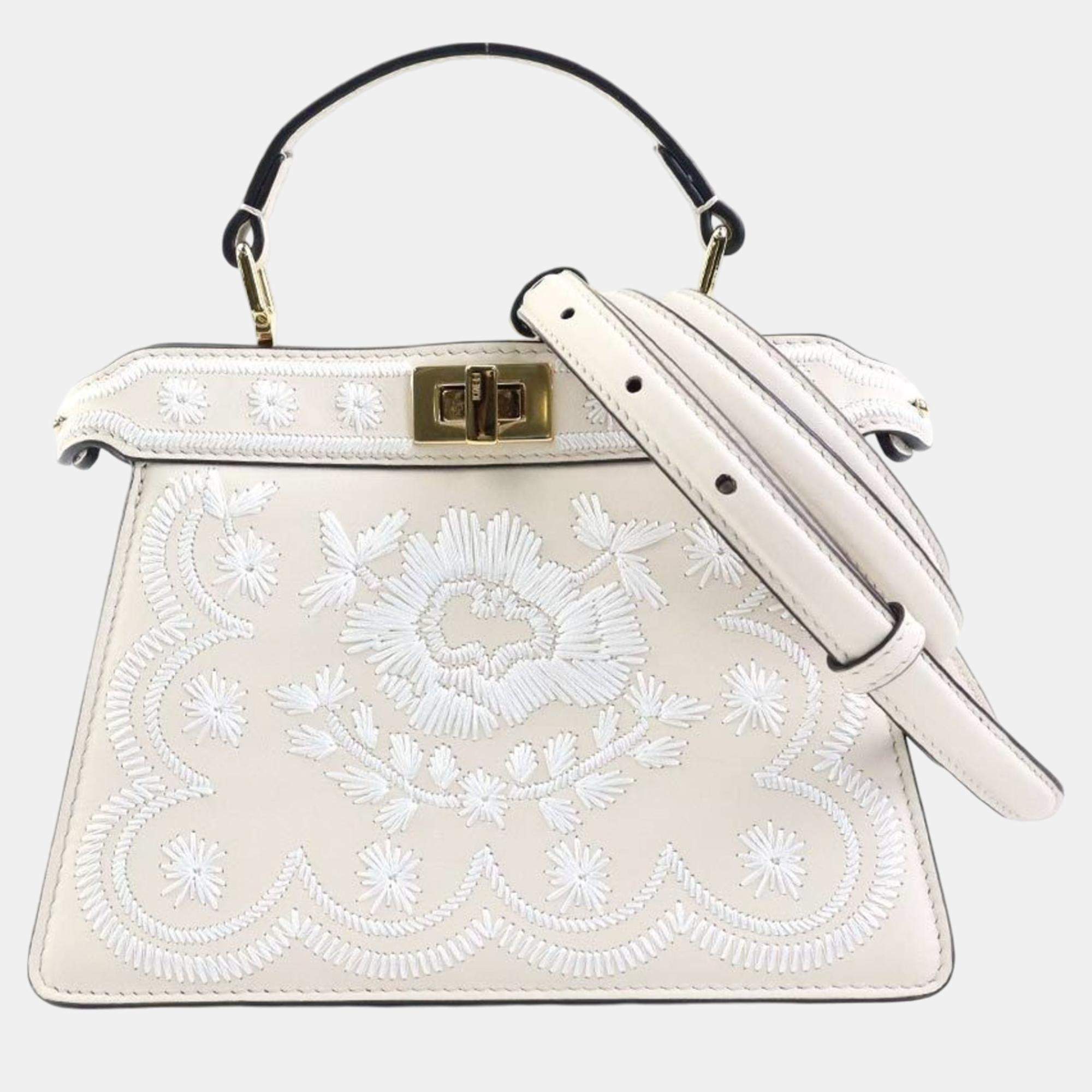 Fendi Light Beige White Leather Floral Embroidery Peekaboo Crossbody Bag Fendi TLC