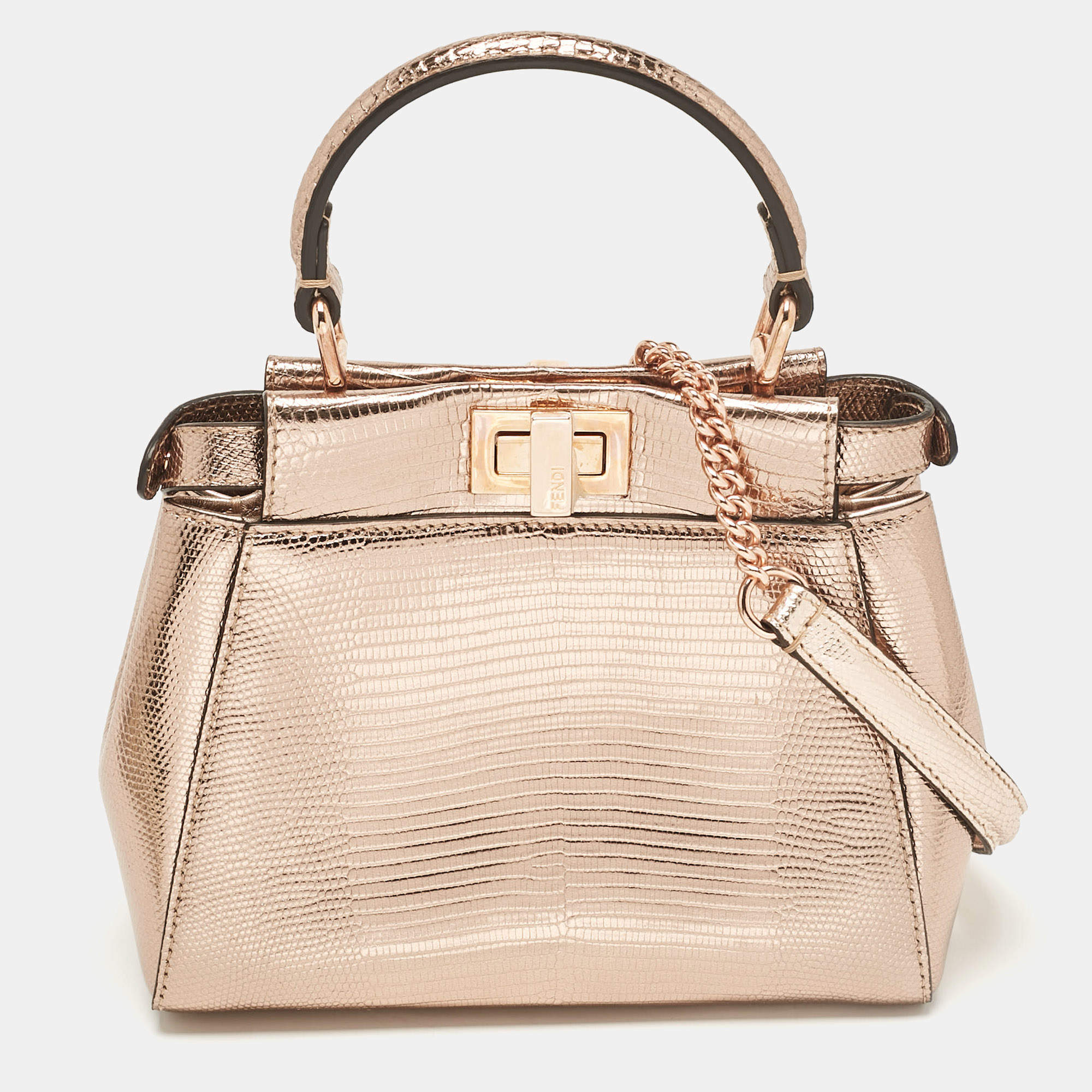 Fendi Rose Gold Lizard Patent Leather XS Iconic Peekaboo Top Handle Bag