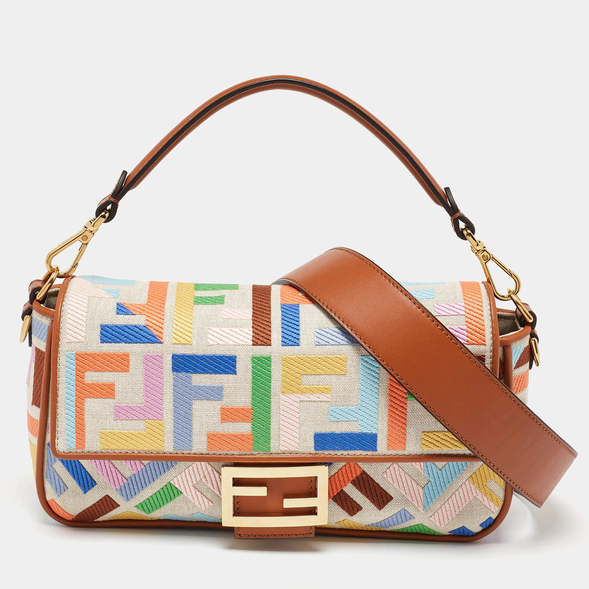 Pre Owned Fendi Multicolor Canvas and Leather FF Embroidered Baguette Crossbody Bag