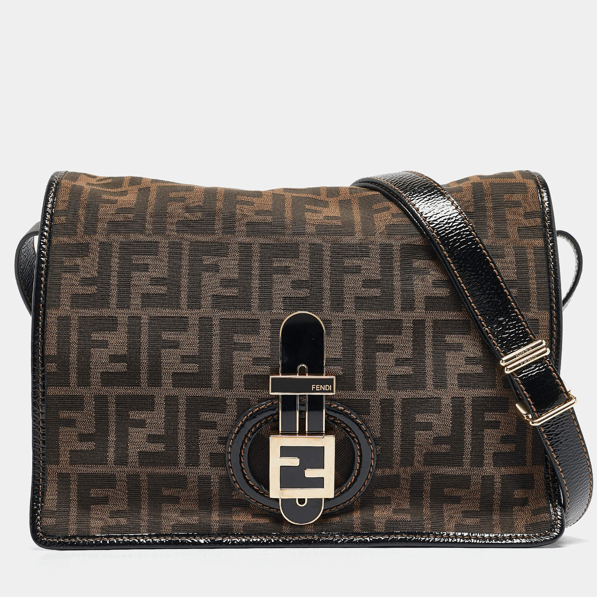 Fendi Tobacco Zucca Canvas and Patent Leather Mama Flap Shoulder Bag