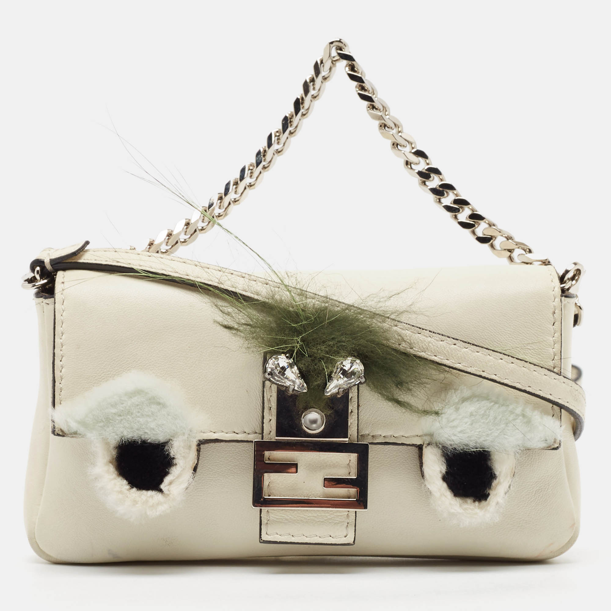 Fendi White Leather and Fur Trim Micro Buggie Baguette Crossbody Bag