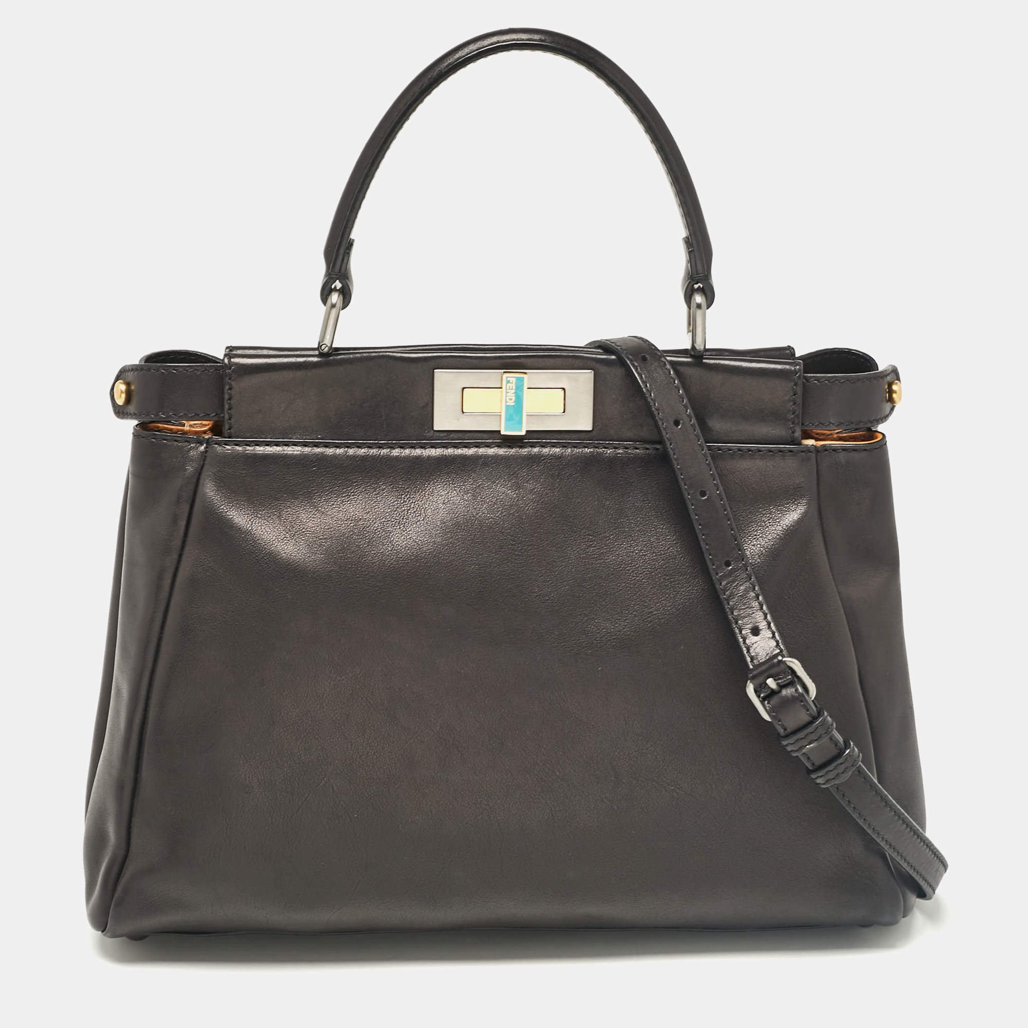 Fendi Black Leather Medium Peekaboo Top Handle Bag