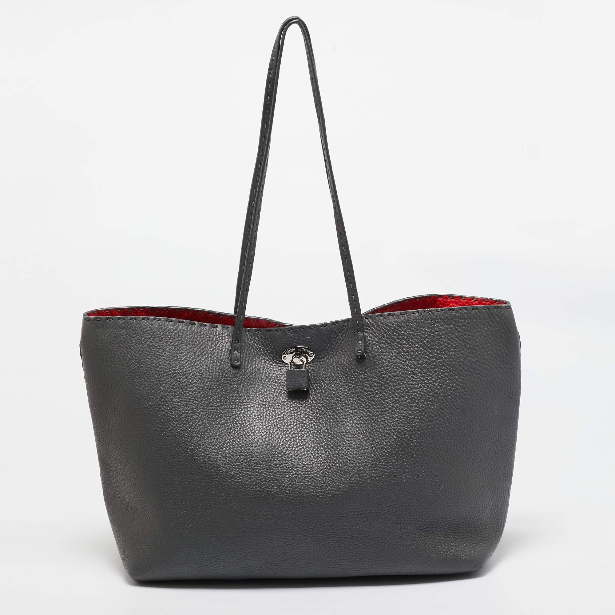 Pre Owned Fendi Grey Selleria Leather Medium Carla Tote