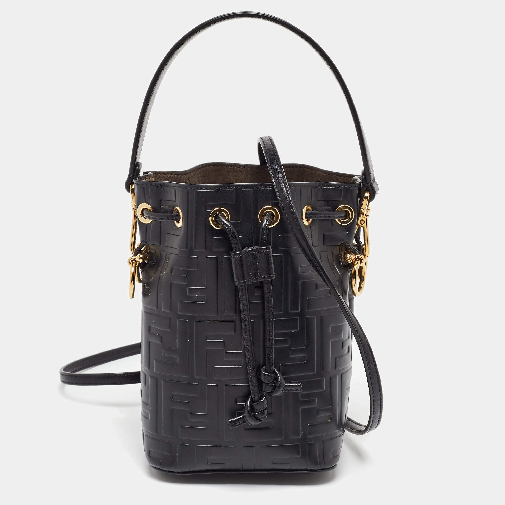 Fendi Black Zucca Leather Mini Mon Tresor Drawstring Bucket Bag