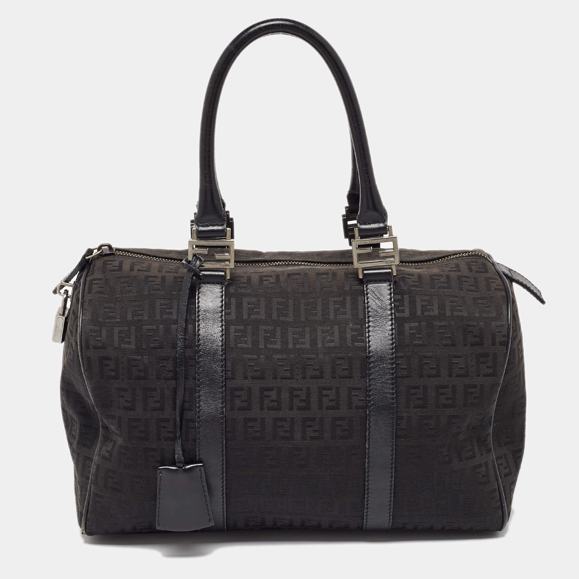 Fendi Black Zucchino Canvas and Leather Forever Bauletto Boston Bag