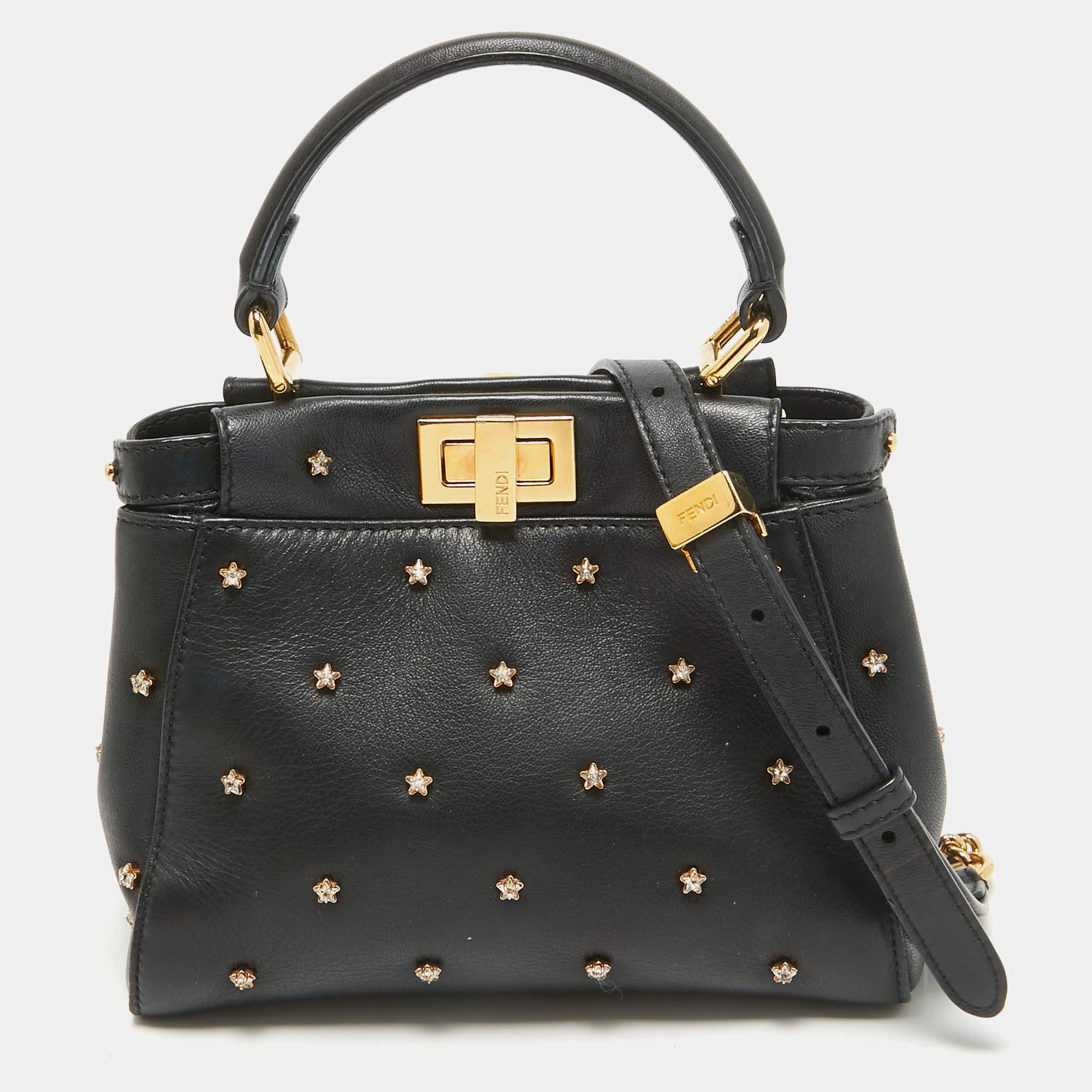 Fendi Black Leather Extra Small Crystal Peekaboo Top Handle Bag