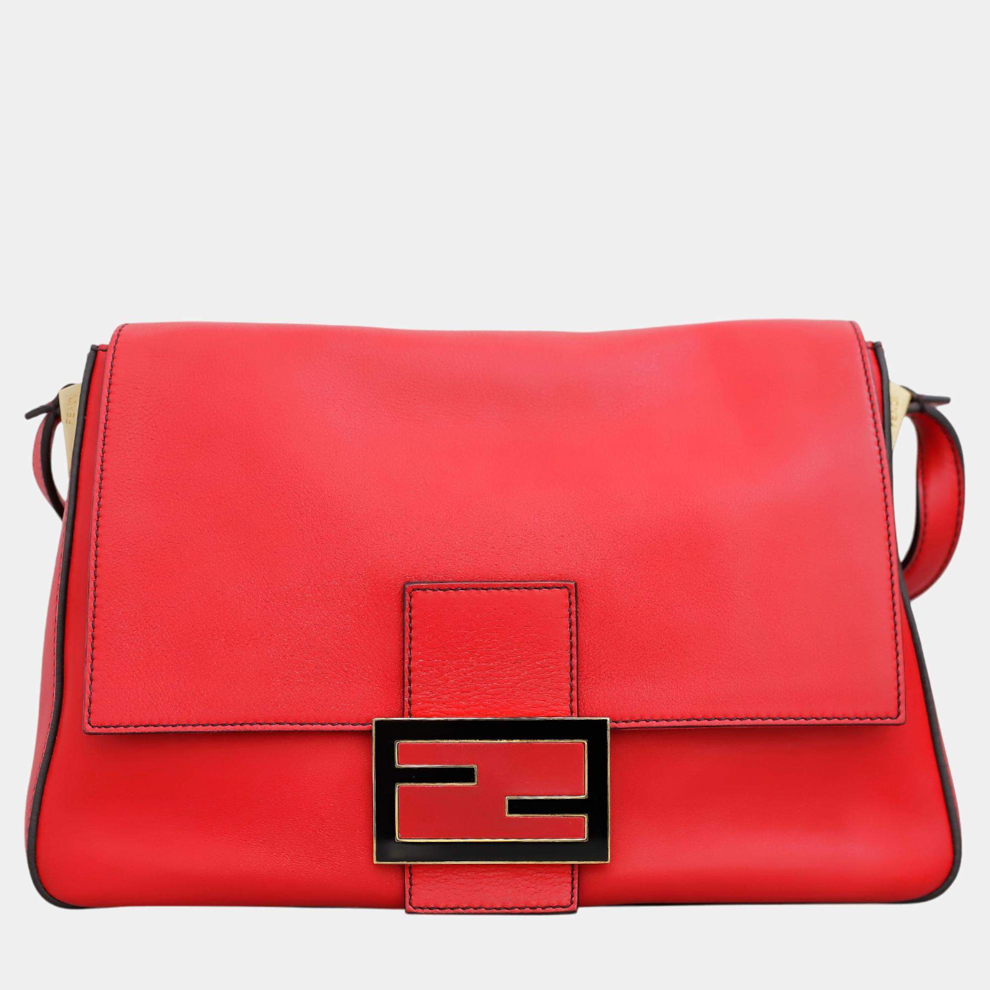 Fendi Red Leather Mamma Baguette Flap Shoulder Bag 